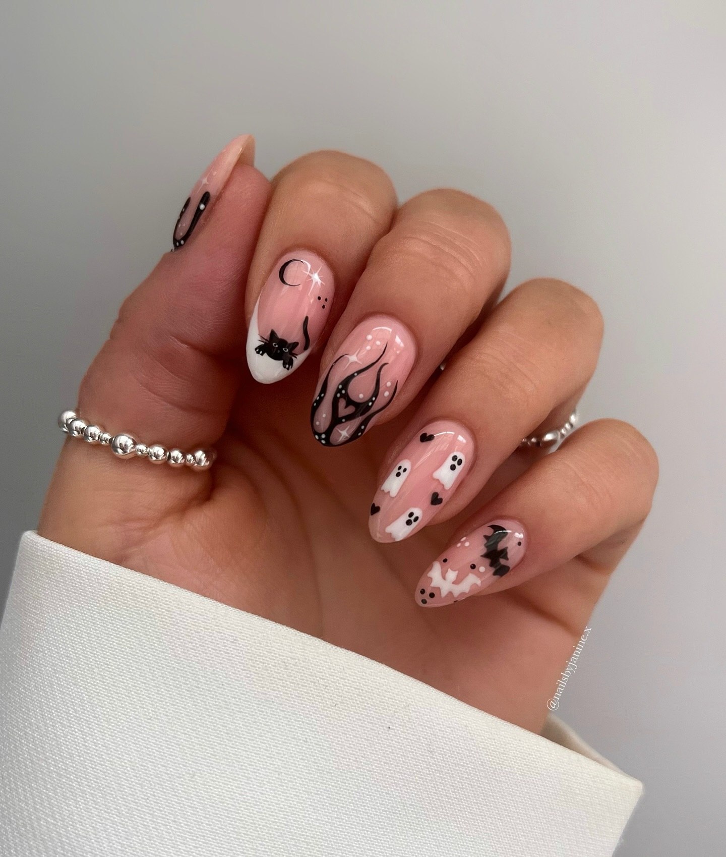 Spooky Halloween Ghost and Bat French Tips