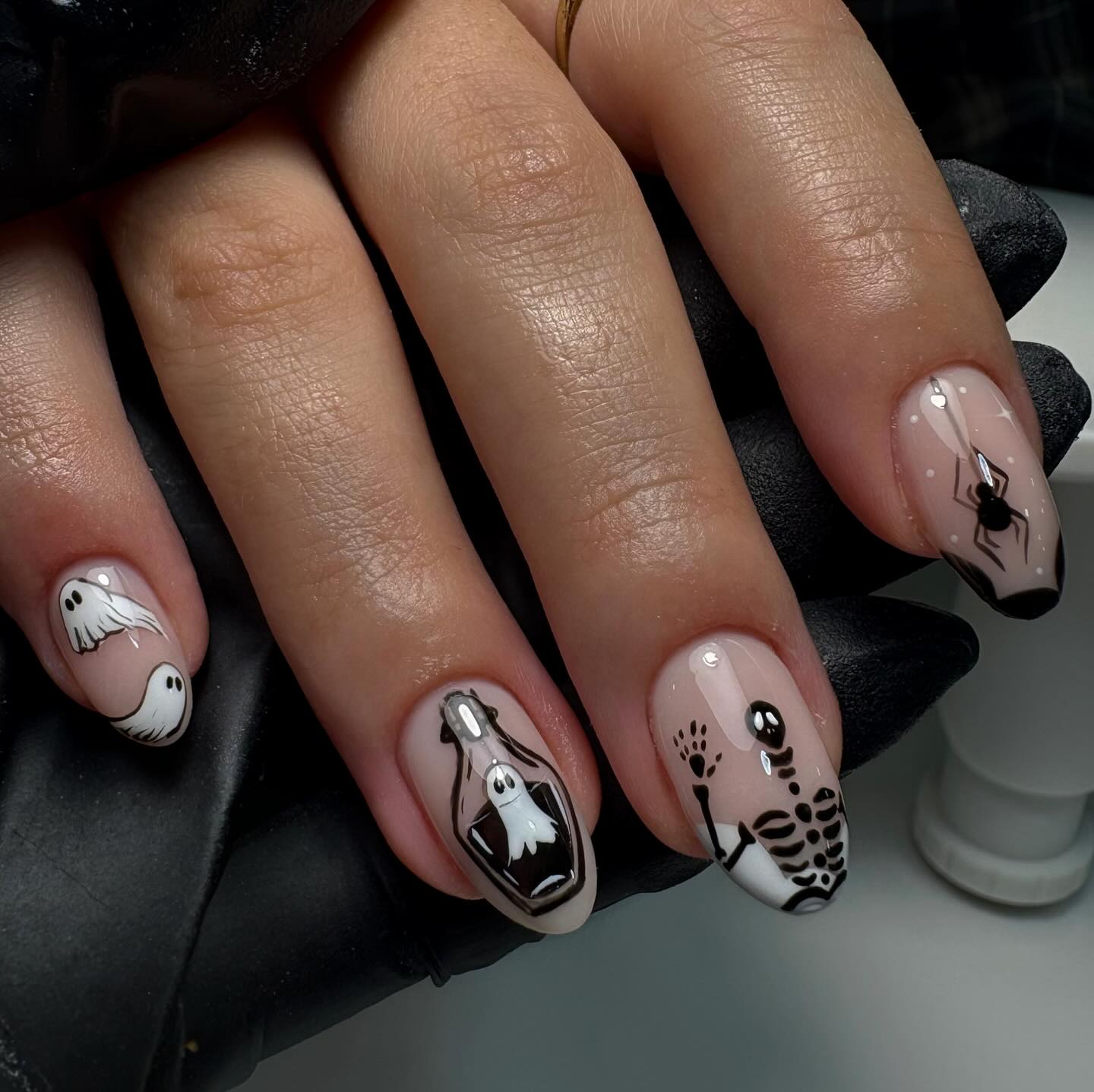 Spooky Halloween Ghost and Skeleton Nail Art