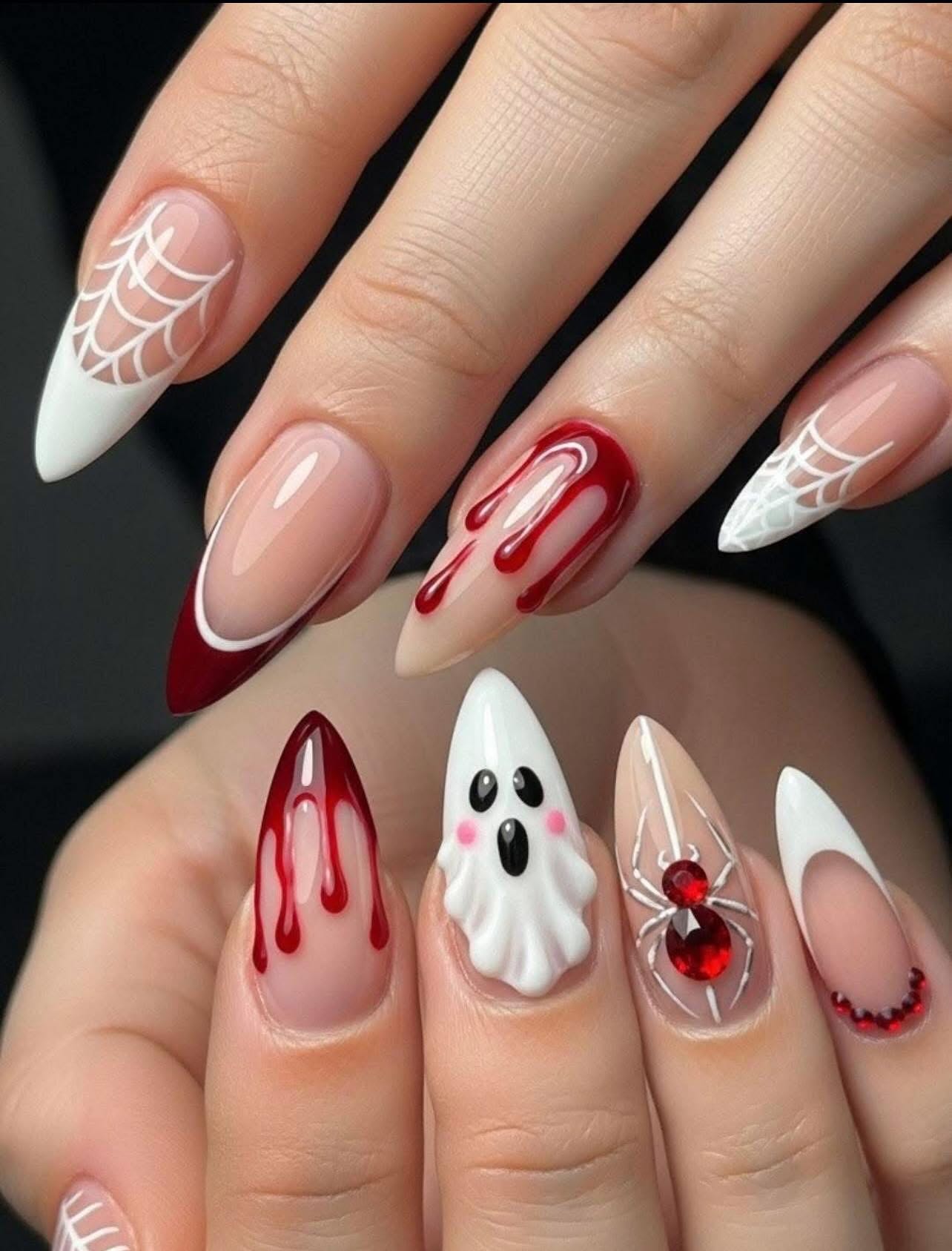 Spooky Halloween Ghost and Spider French Tips