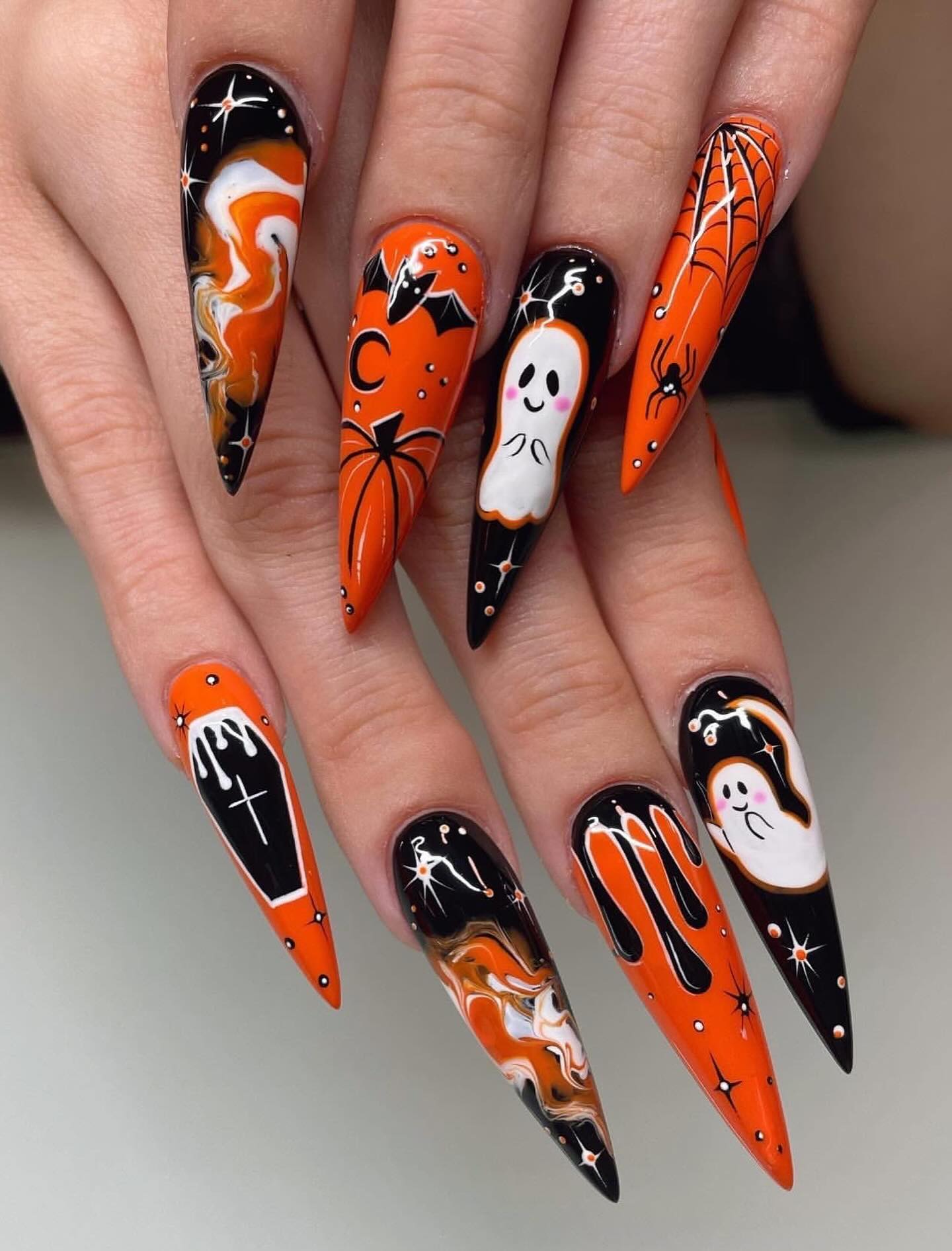 Spooky Halloween Ghost and Spiderweb Stiletto Nails
