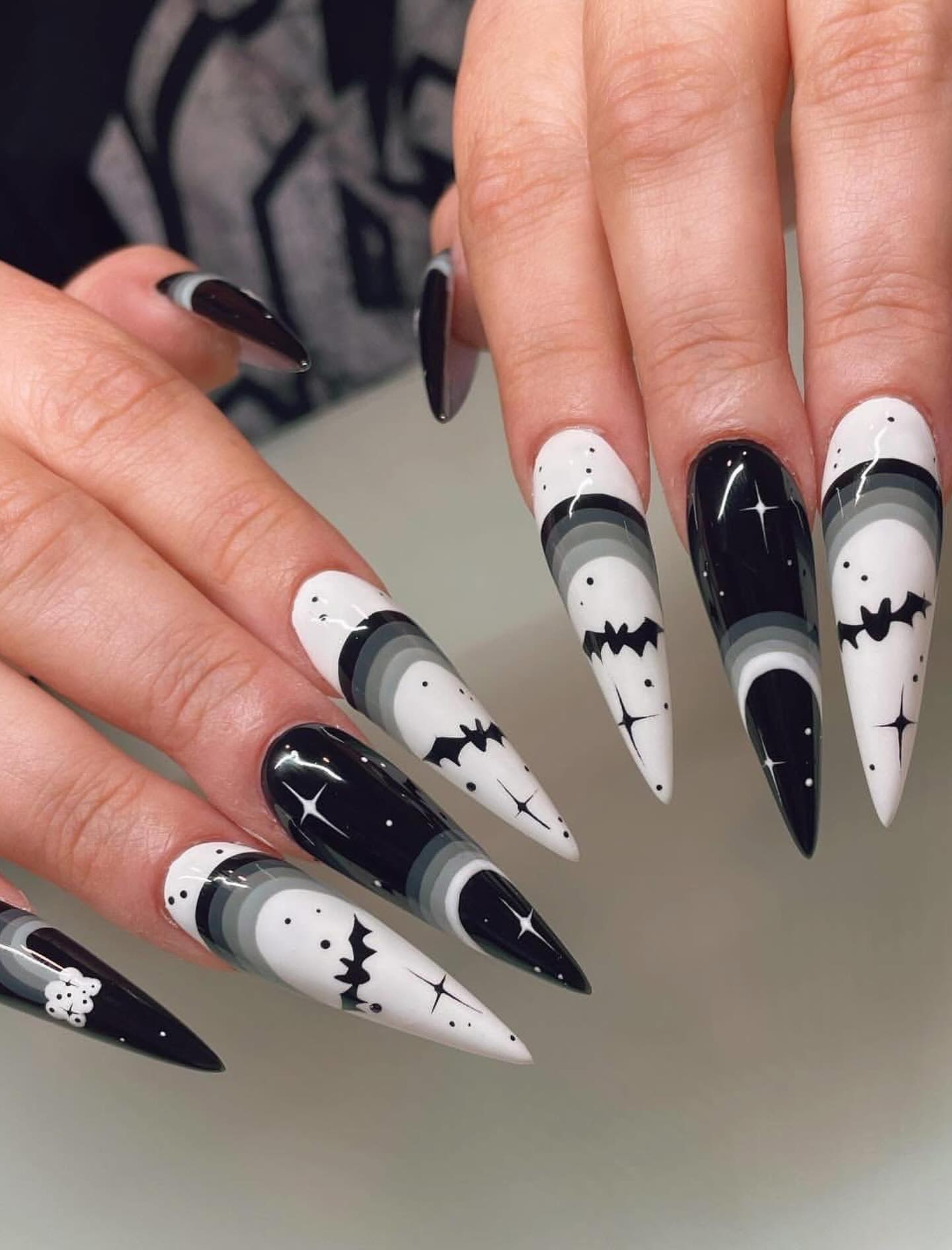Spooky Moon Phase Bat Art Stiletto Nails