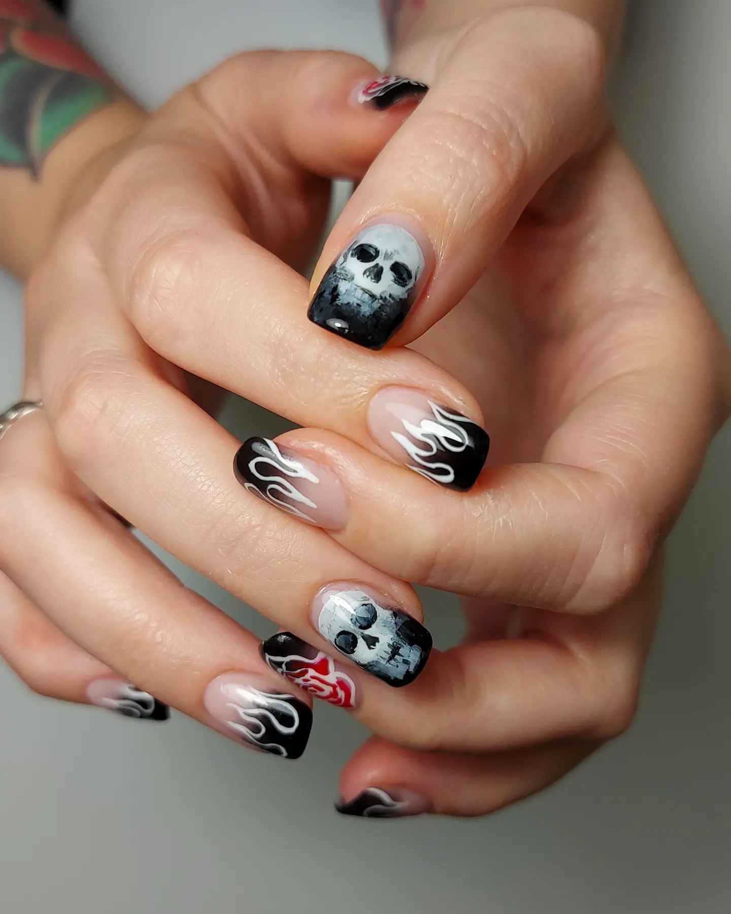 Spooky Skull and Flame Ombre Halloween Nails