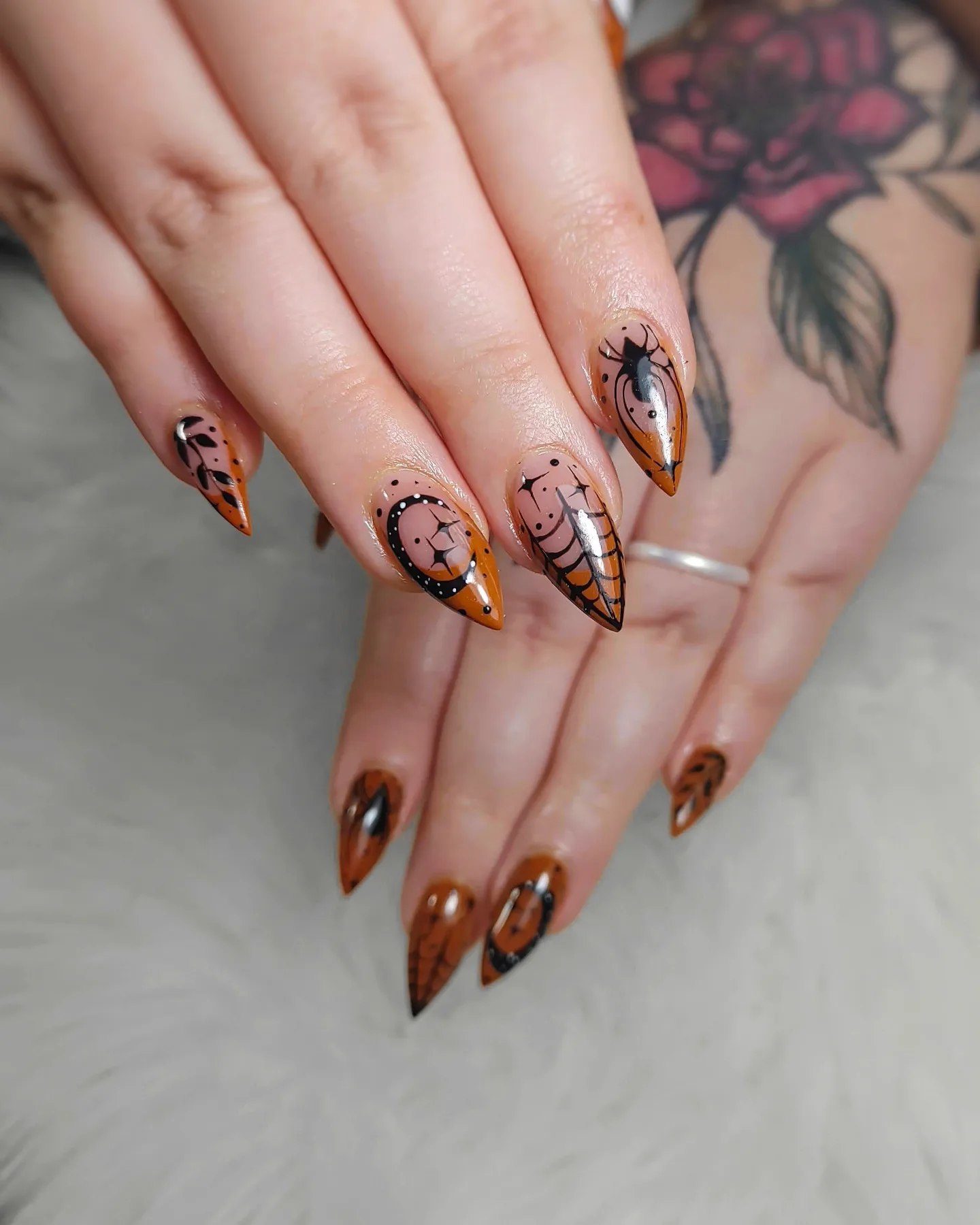 Spooky Spiderweb and Moon Stiletto Halloween Nails