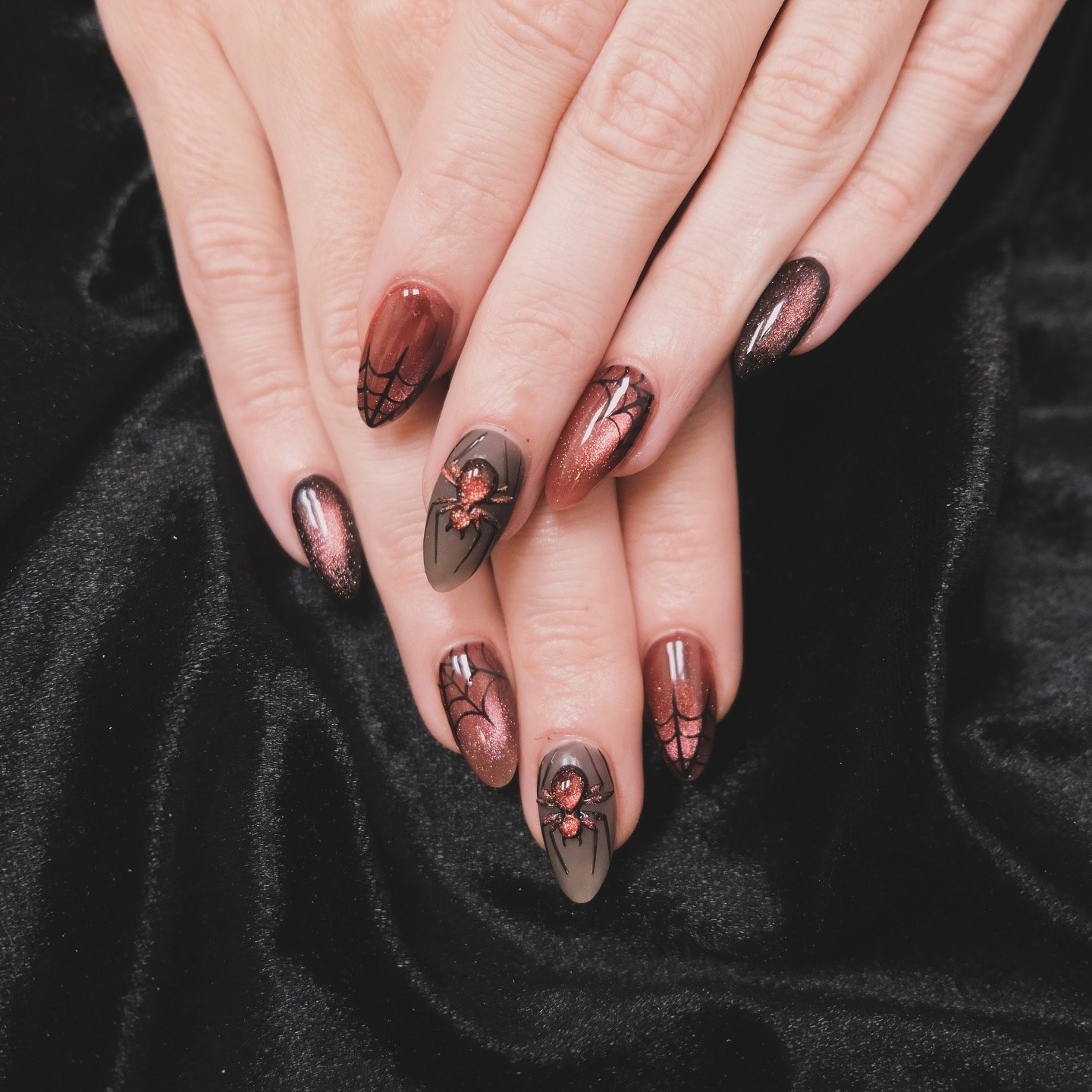 Spooky Spiderweb and Spider Halloween Almond Nails