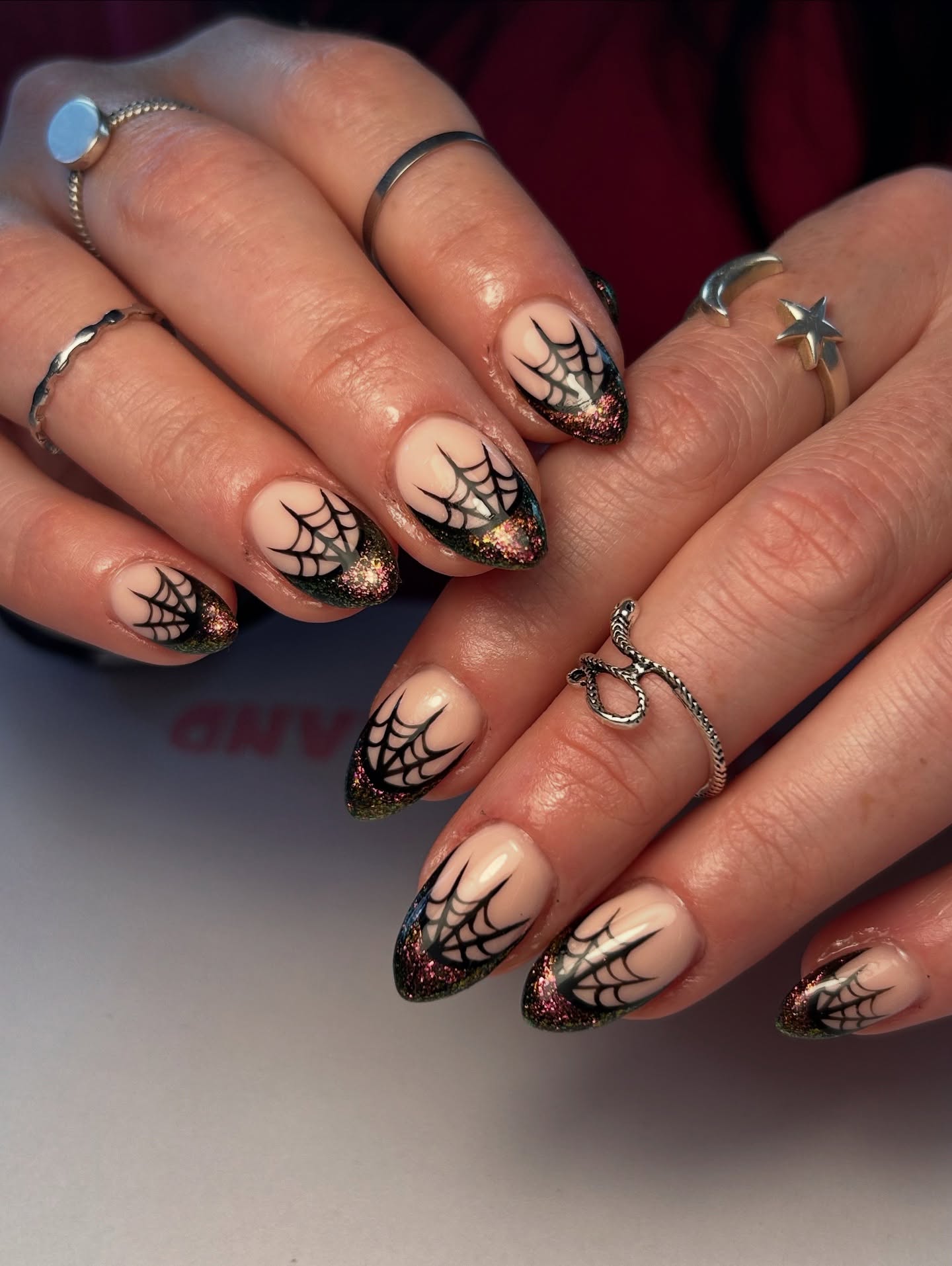 Spooky Spiderweb Glitter French Tips