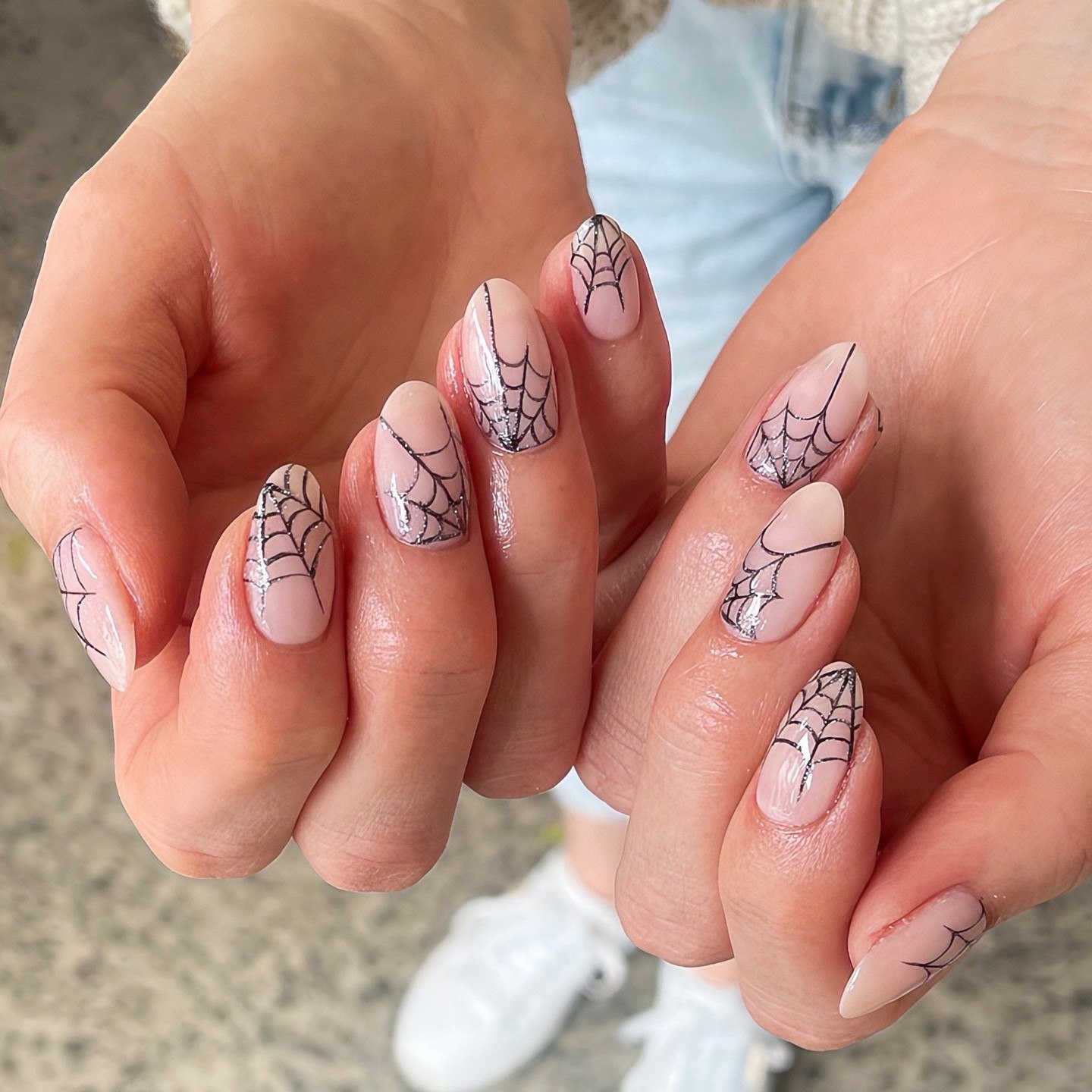 Spooky Spiderweb Neutral Almond Nails