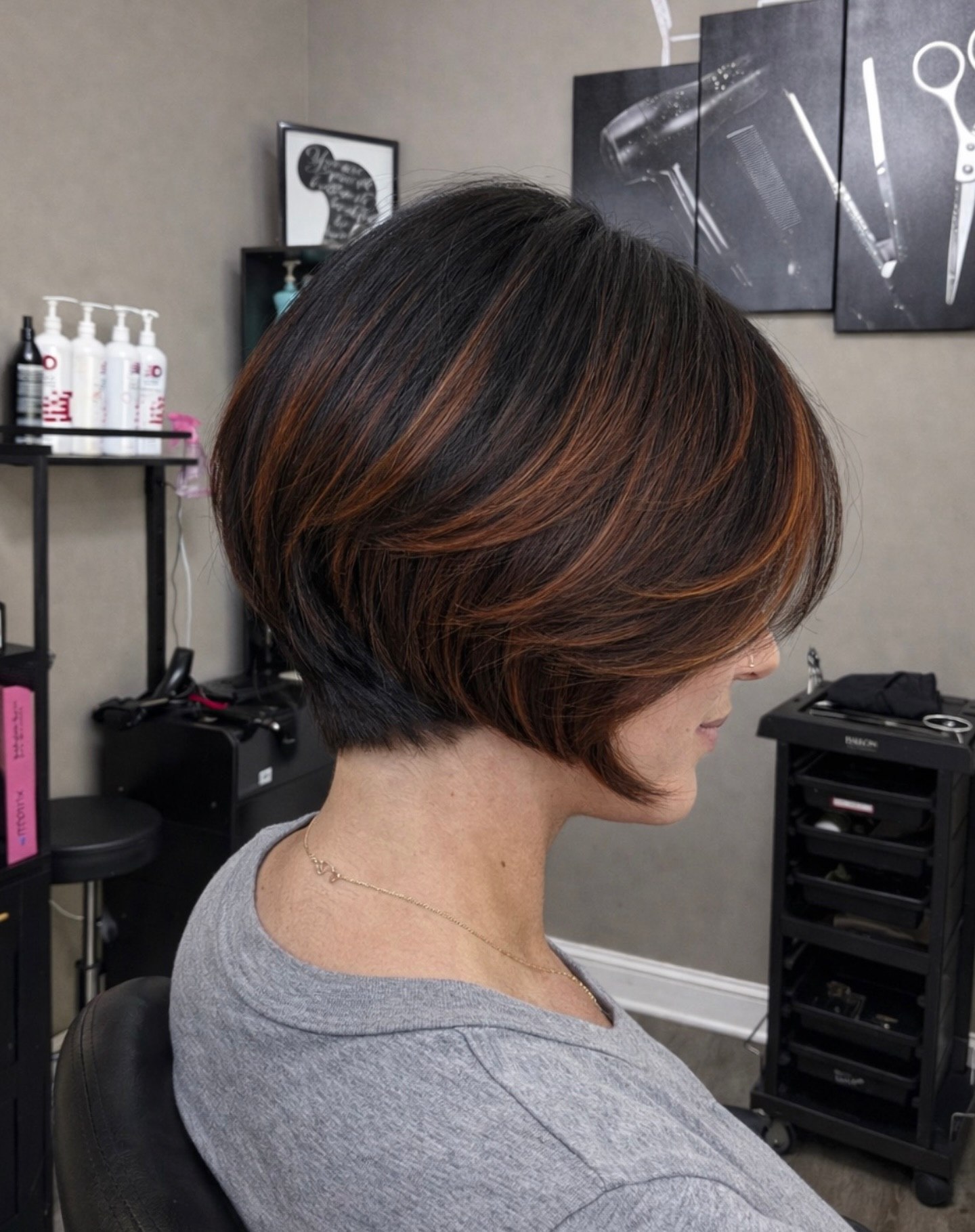 Stacked Layered Bob With Dimensional Copper Highlights