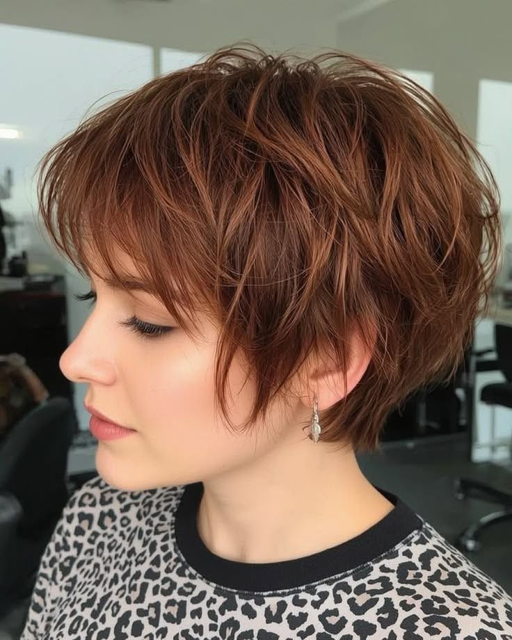 Textured Auburn Pixie Cut For Fine Hair