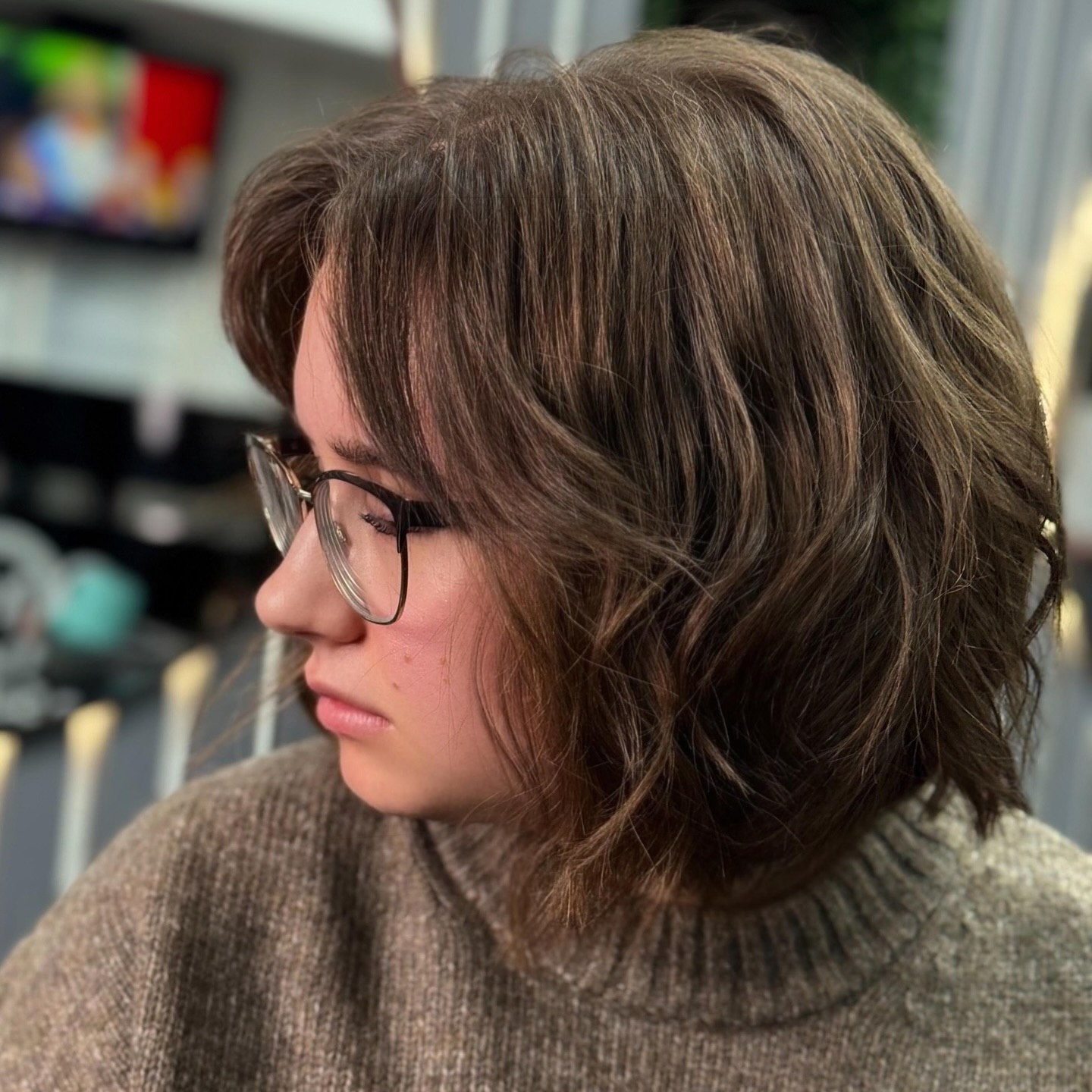 Textured Chin Length Bob With Soft Curtain Bangs