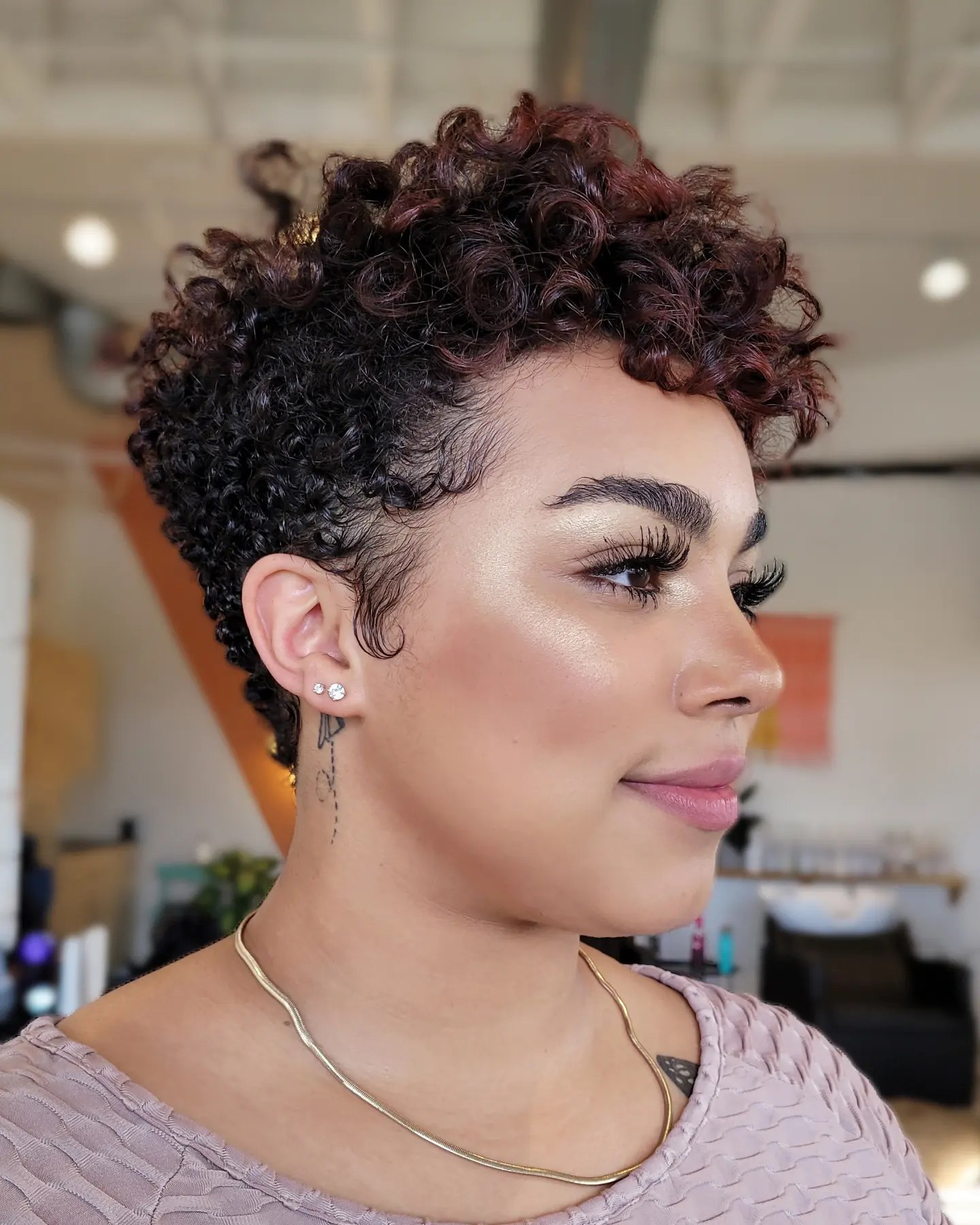 Textured Curly Pixie With Deep Burgundy Tones