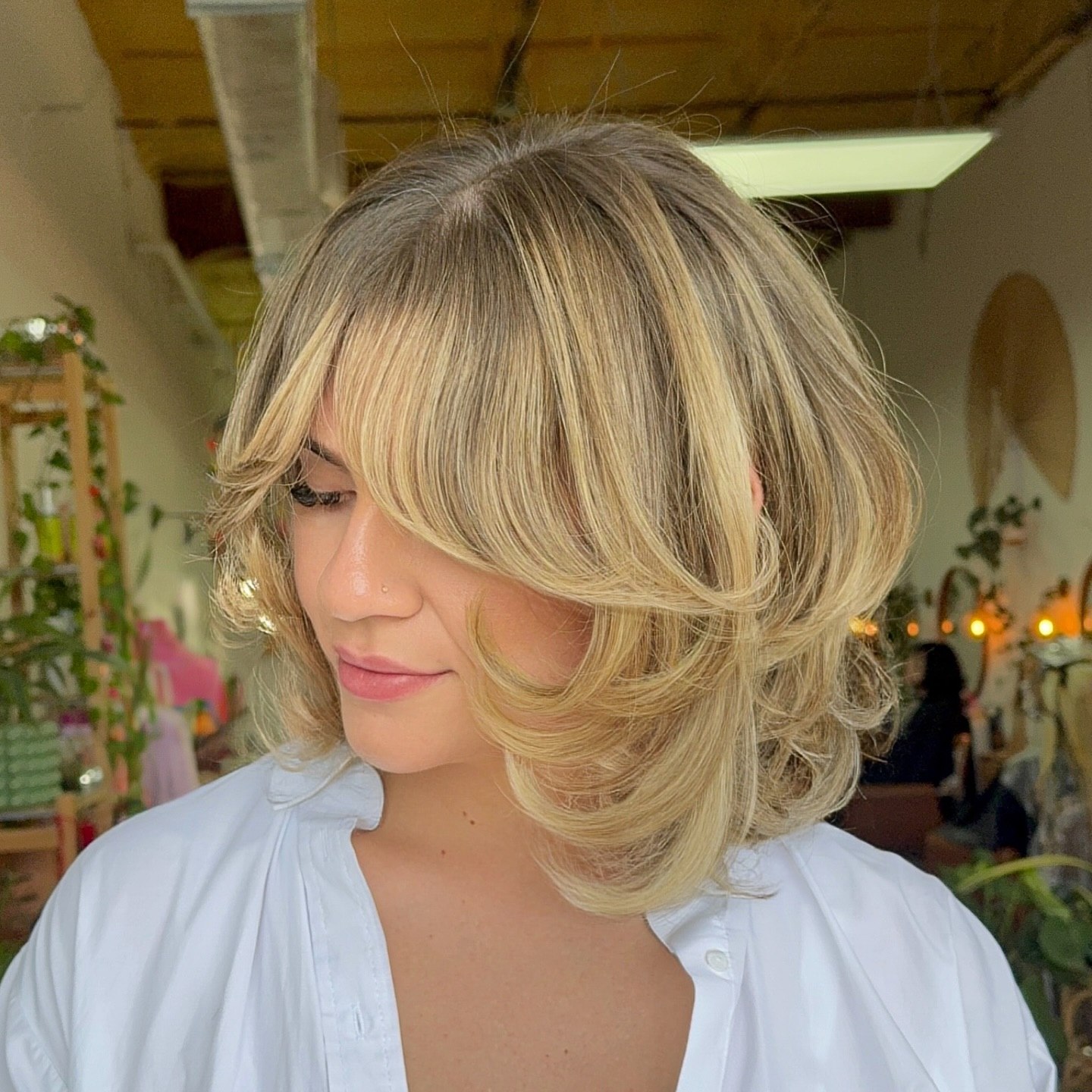 Textured Layered Bob With Soft Curtain Bangs