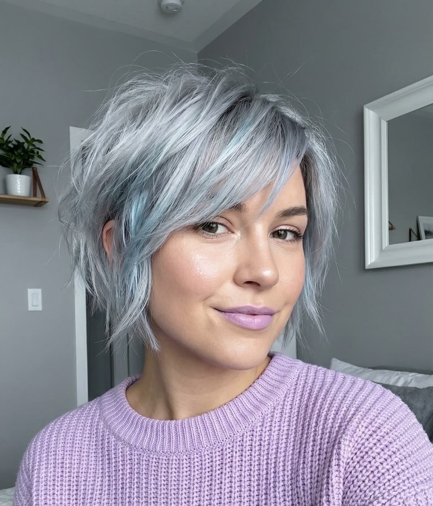 Textured Pastel Silver Bob With Side Swept Bangs