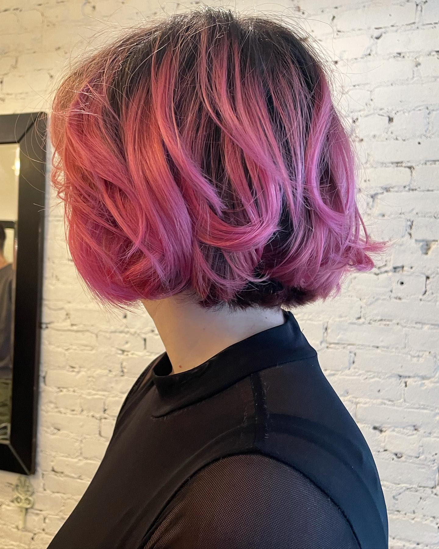 Textured Pink Layered Bob With Dark Roots