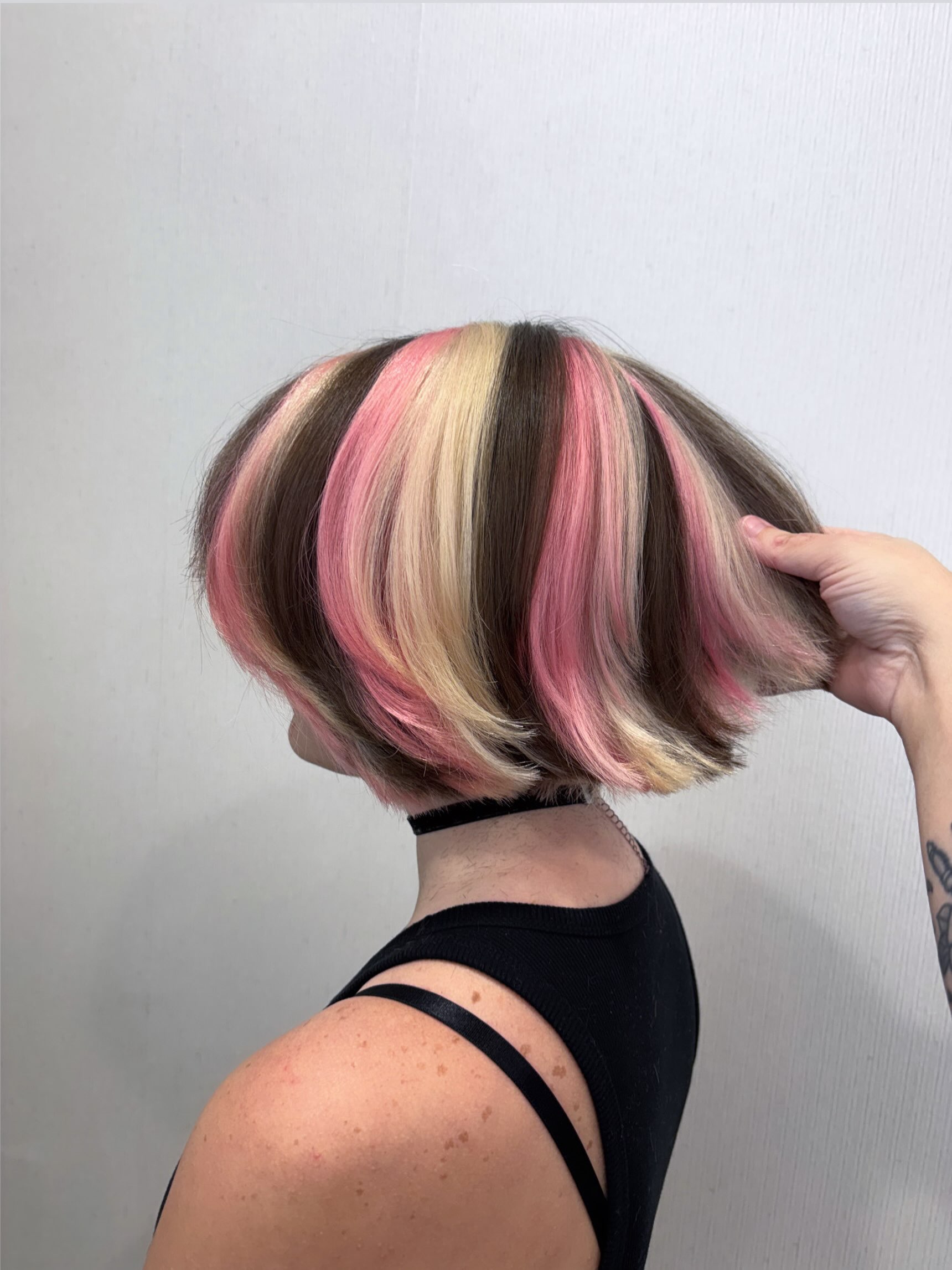 Tri Color Chunky Blocked Bob With Pink Accents