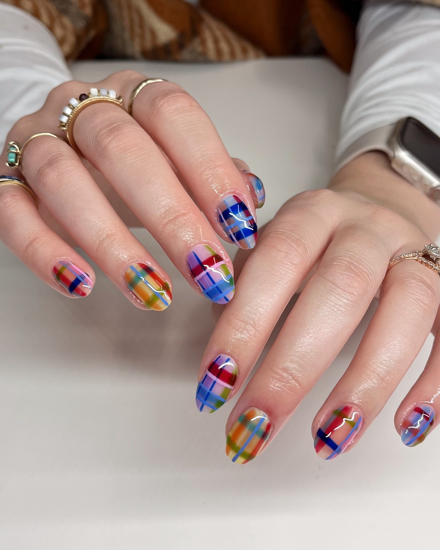 Vibrant Colorful Plaid Nail Art Design