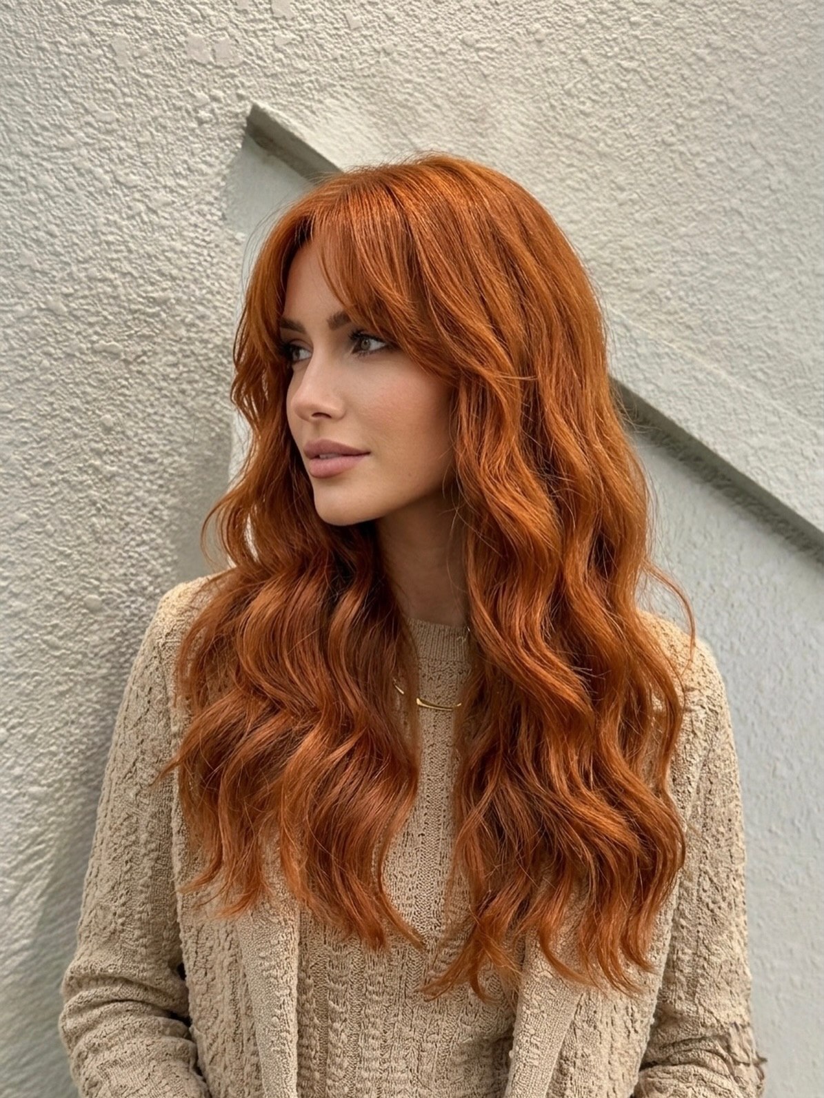 Vibrant Copper Waves With Soft Curtain Bangs
