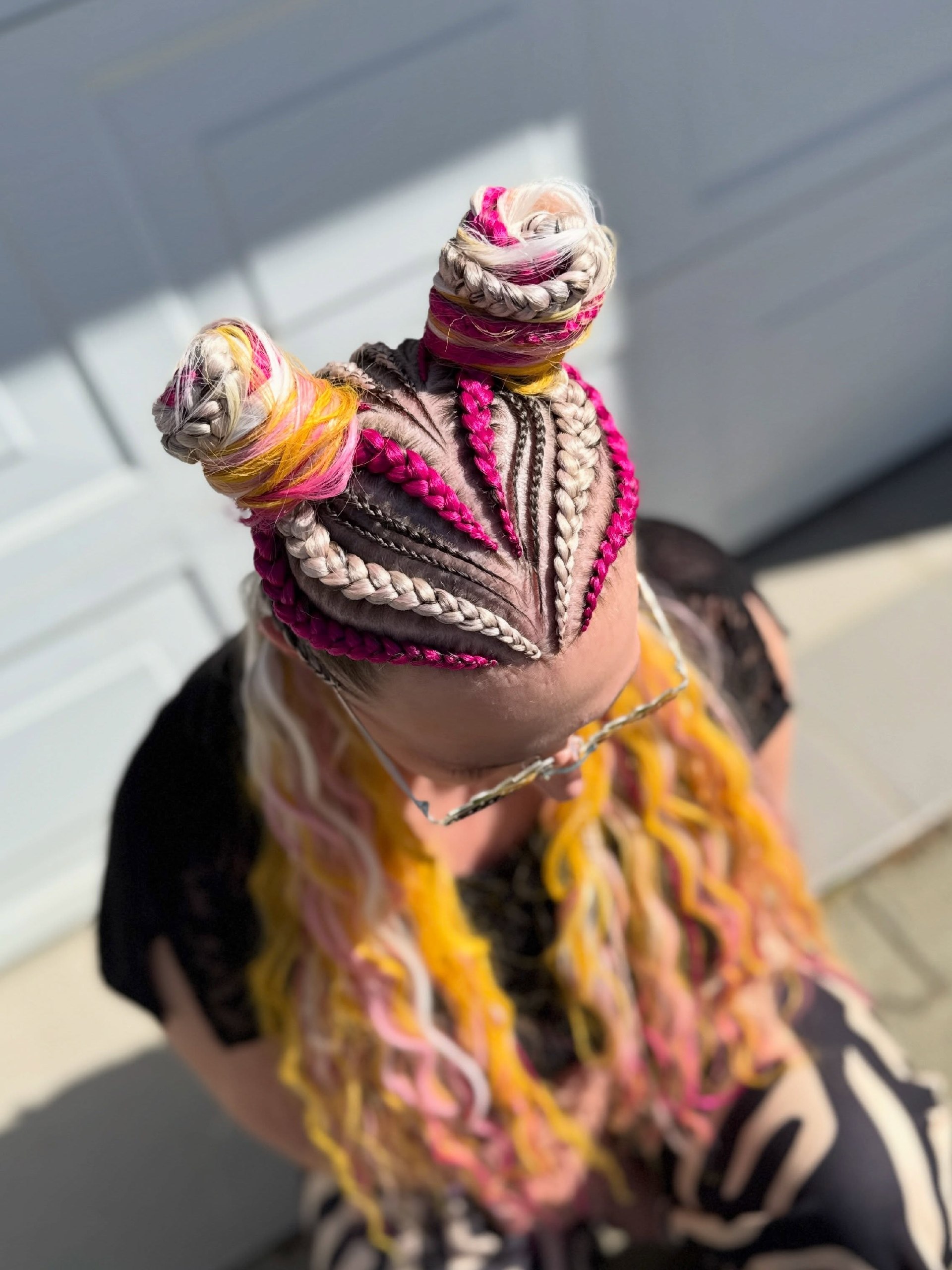 Vibrant Neon Braided Space Buns With Loose Waves