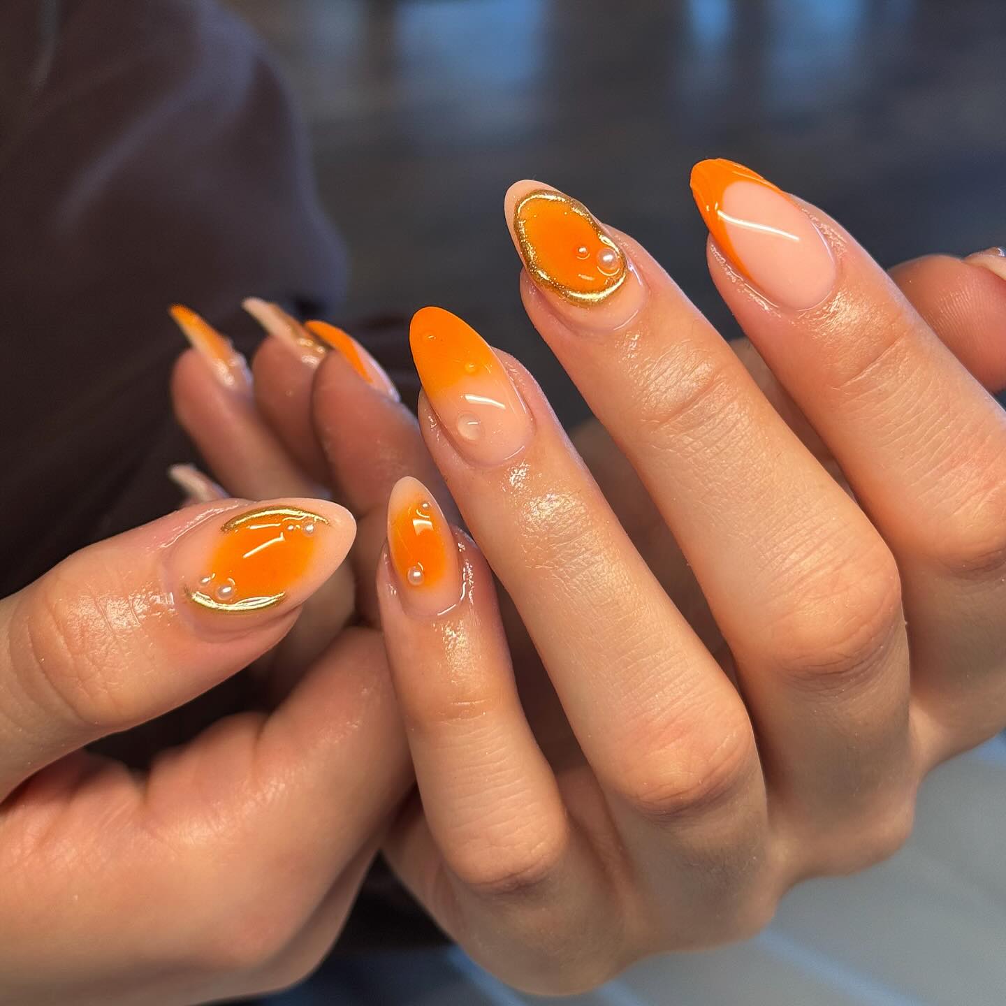 Vibrant Orange Ombre Almond French Nails