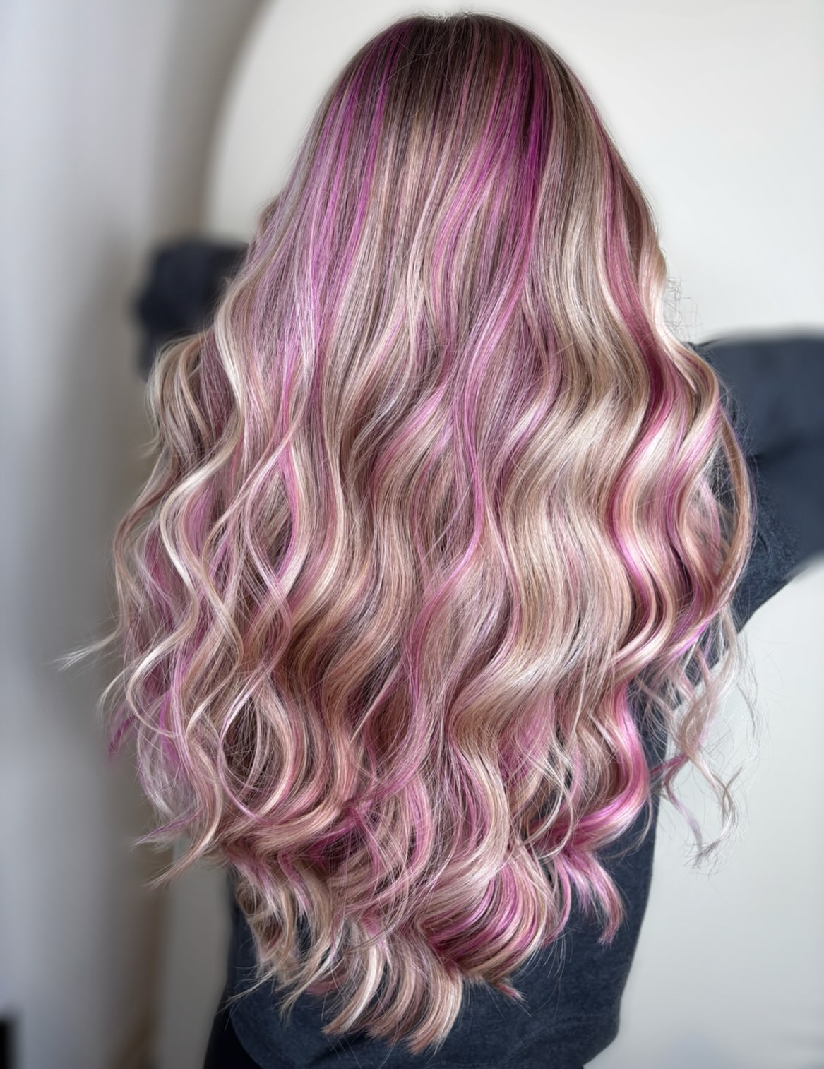 Vibrant Pink Highlights On Cool Toned Ash Blonde