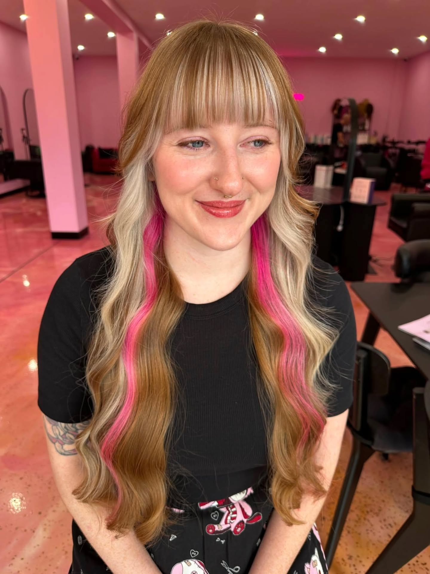 Vibrant Pink Peekaboo Layers On Bronde Shag