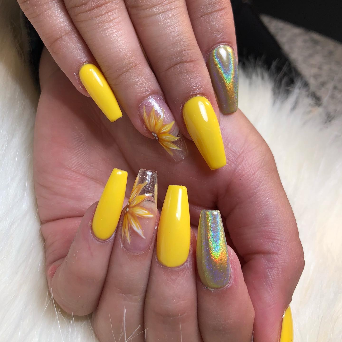 Vibrant Yellow Sunflower Coffin Nails With Holographic Accents