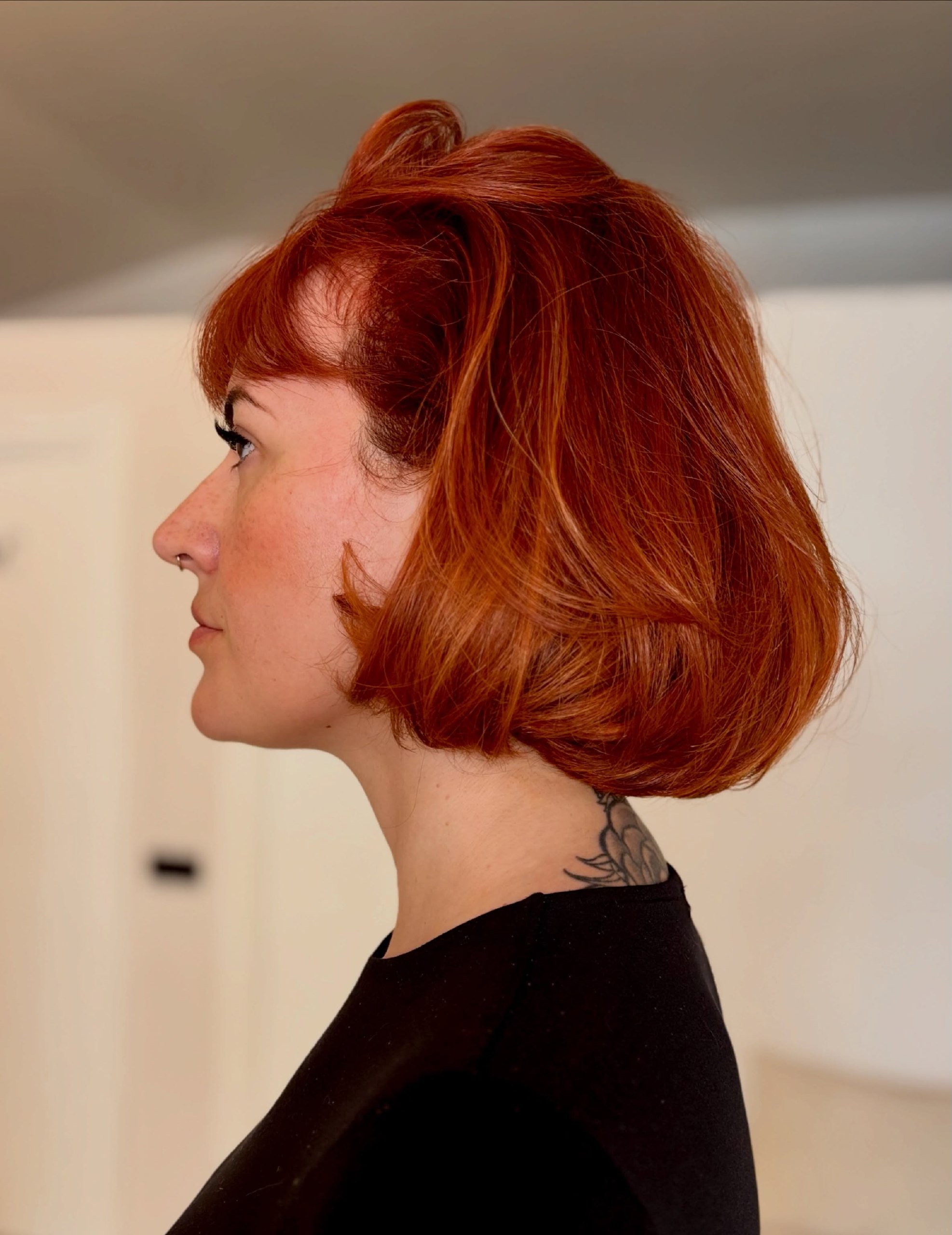 Voluminous Textured Copper Bob With Wispy Fringe