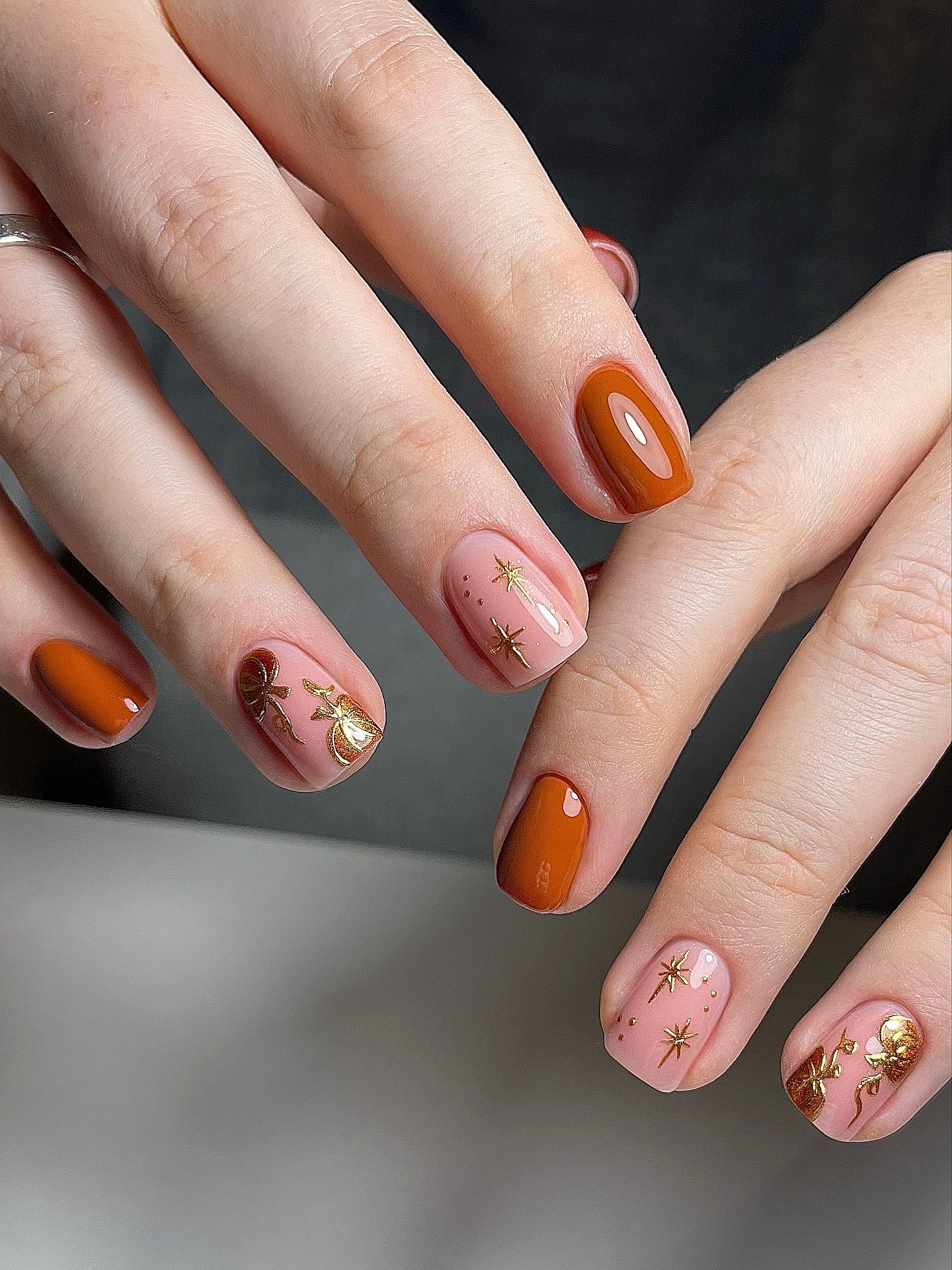Warm Orange & Pink Fall Nails with Gold Accents