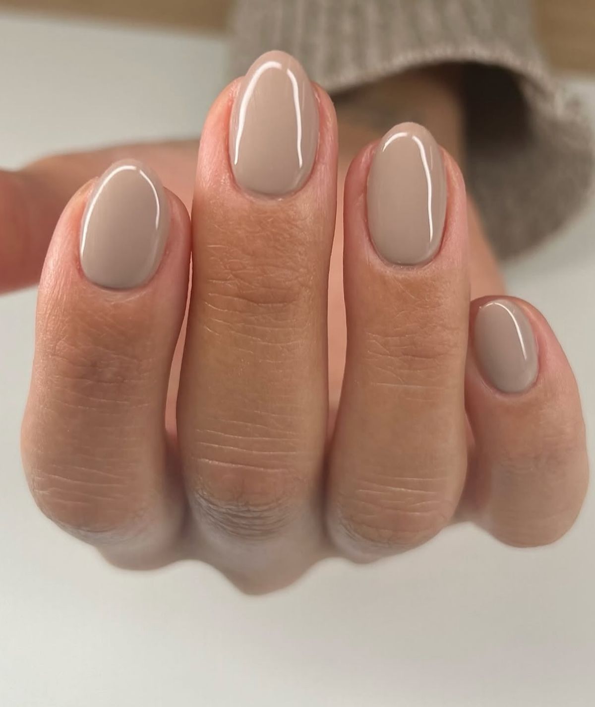 Warm Taupe Almond Glossy Manicure