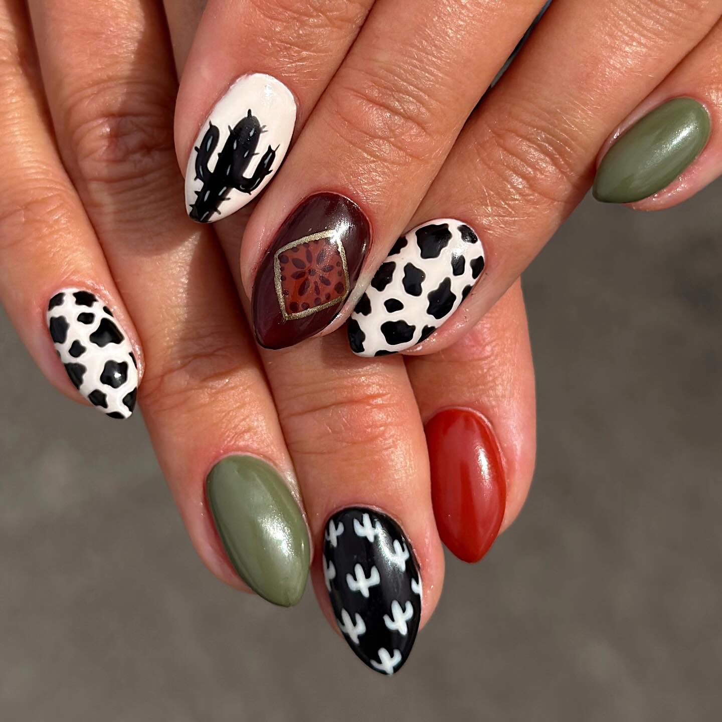 Western Desert Cactus and Cow Print Almond Nails