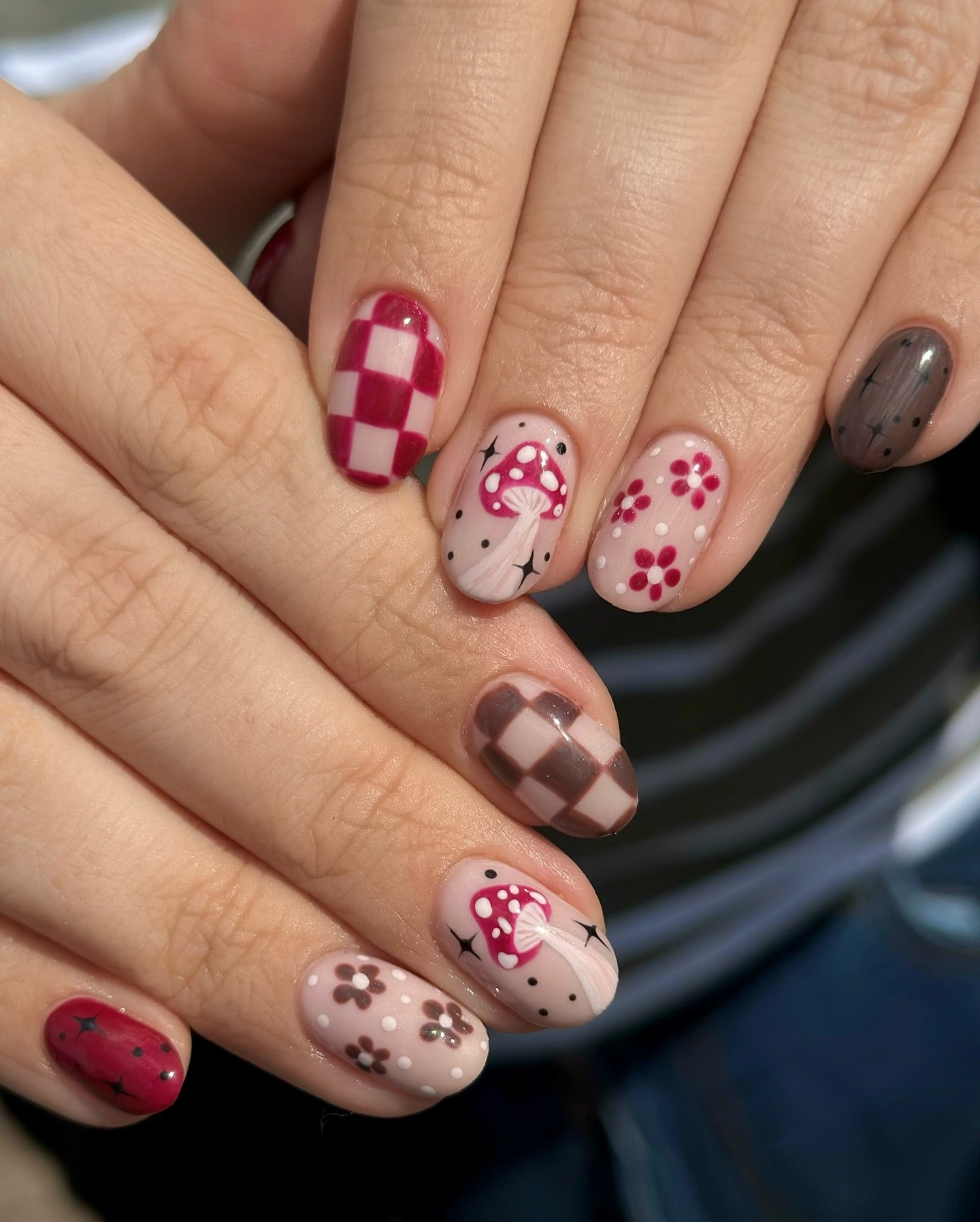 Whimsical Mushroom & Checkerboard Oval Nails