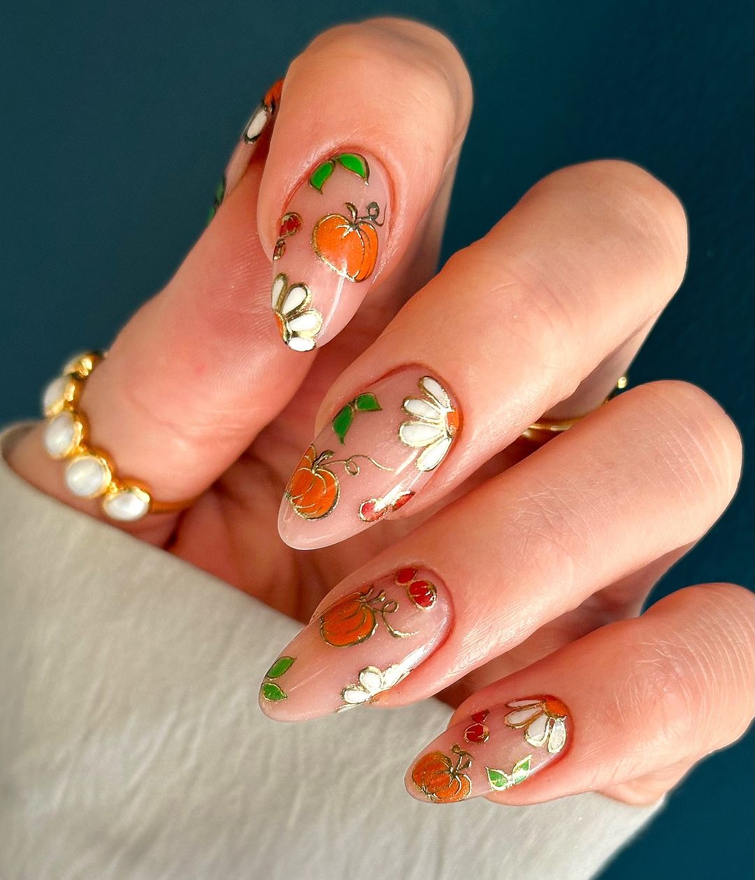 Whimsical Pumpkin Floral Autumn Almond Nails