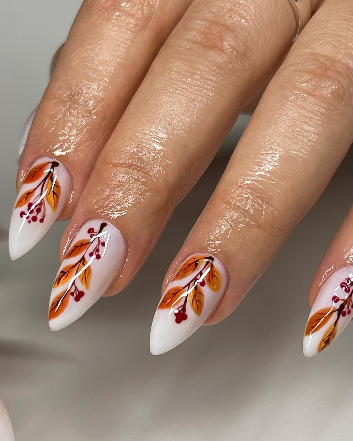 White Autumn Leaf Branch Stiletto Nails
