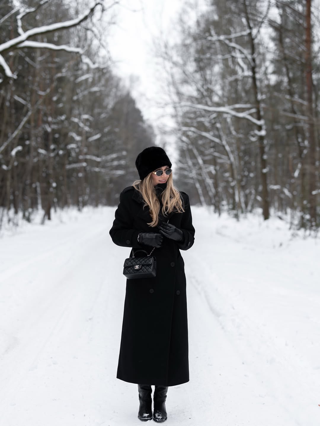 All Black Winter Coat And Fur Hat Look