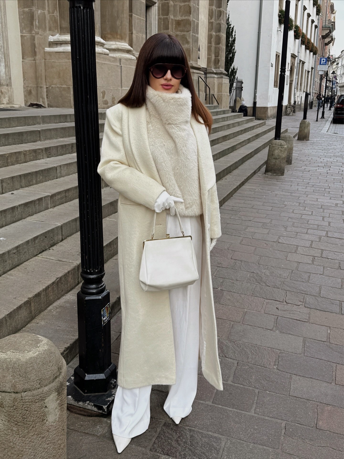 All White Winter Coat And Wide Leg Trouser Look