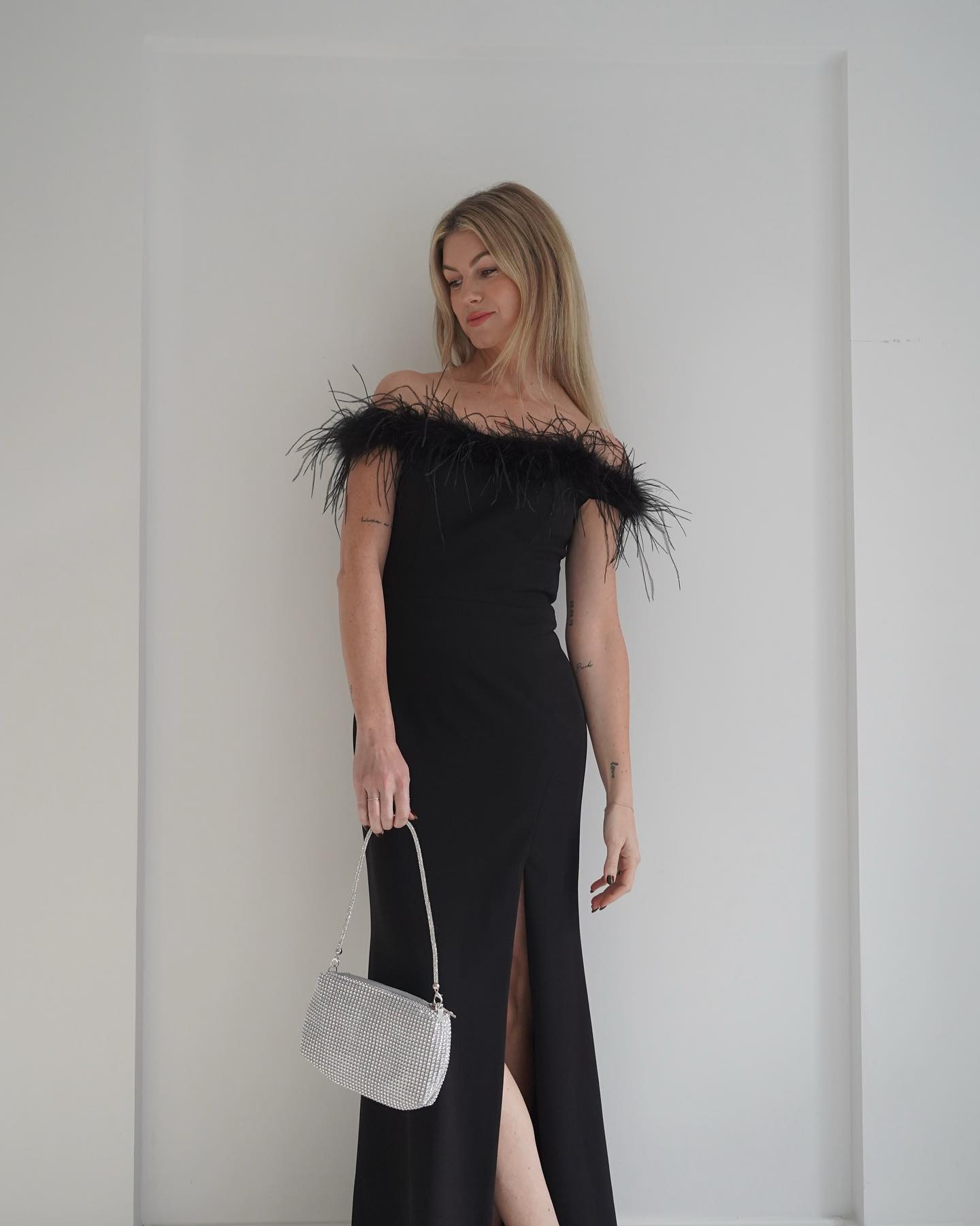 Black Feathered Off-Shoulder Maxi Dress With Sparkle Bag