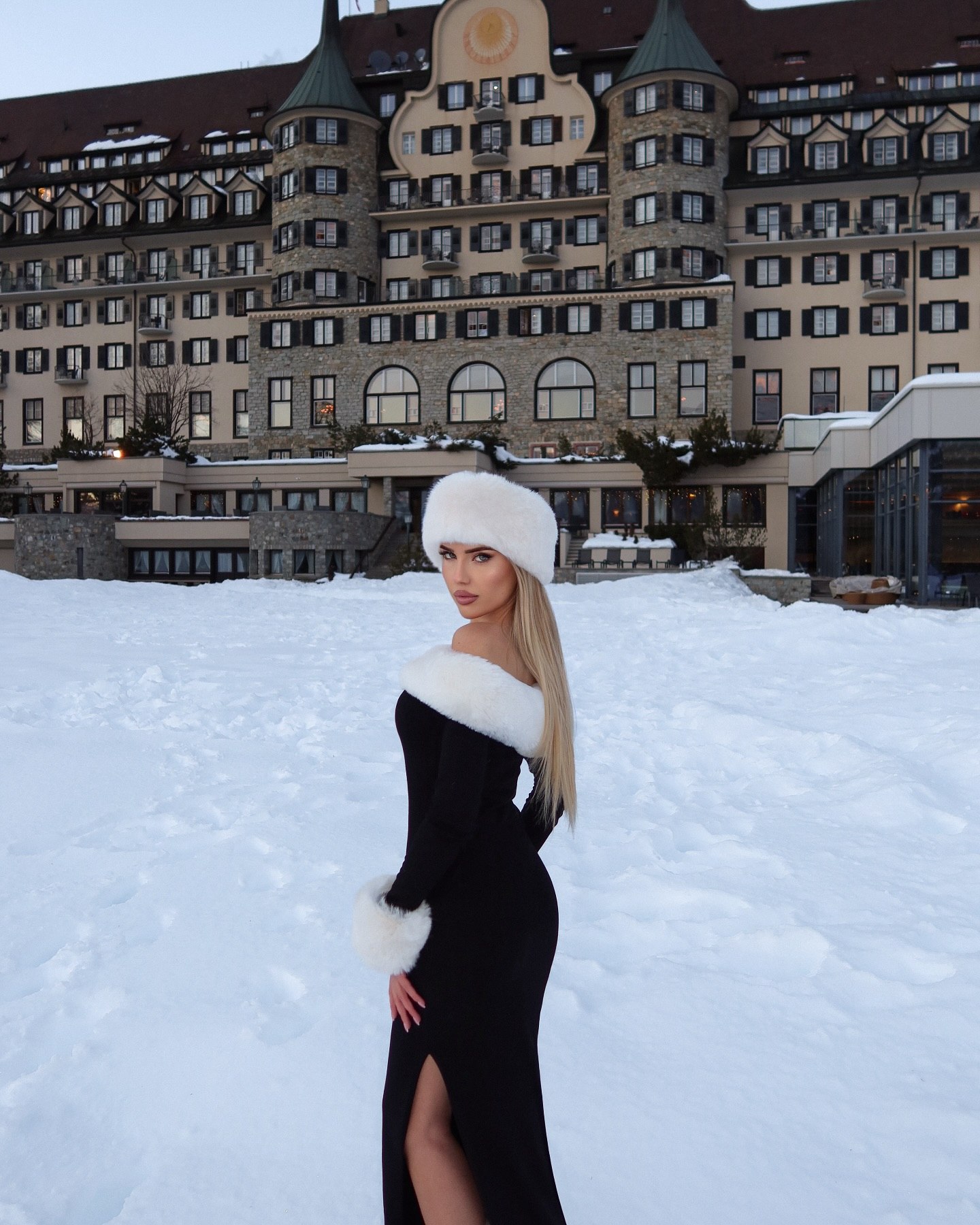 Black Off-Shoulder Maxi Dress With Fur Accents