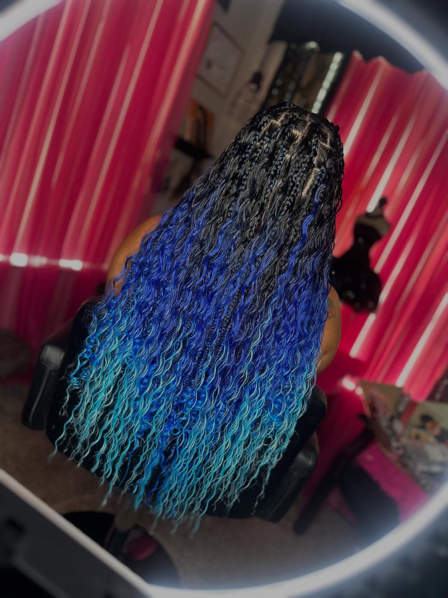 Blue Ombre Boho Knotless Braids With Curls