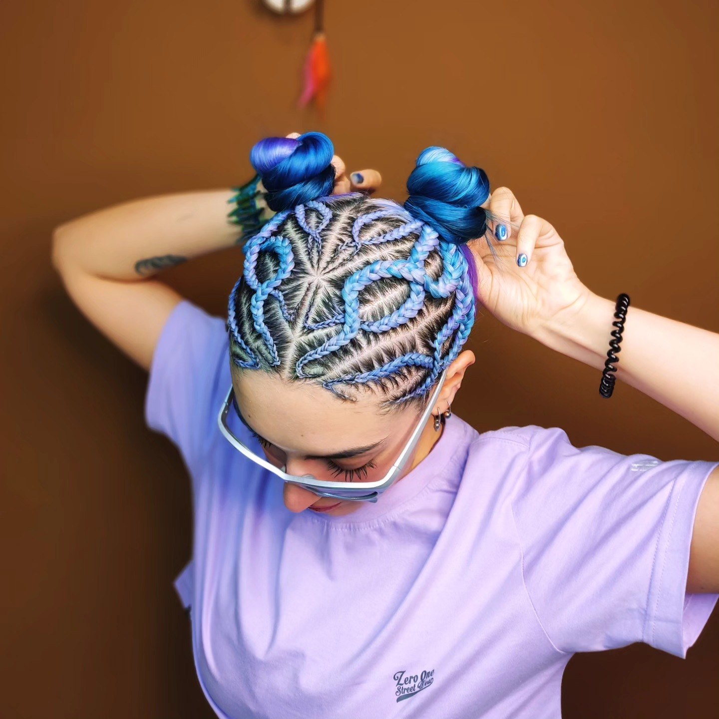Bold Blue Braids With Double Space Buns