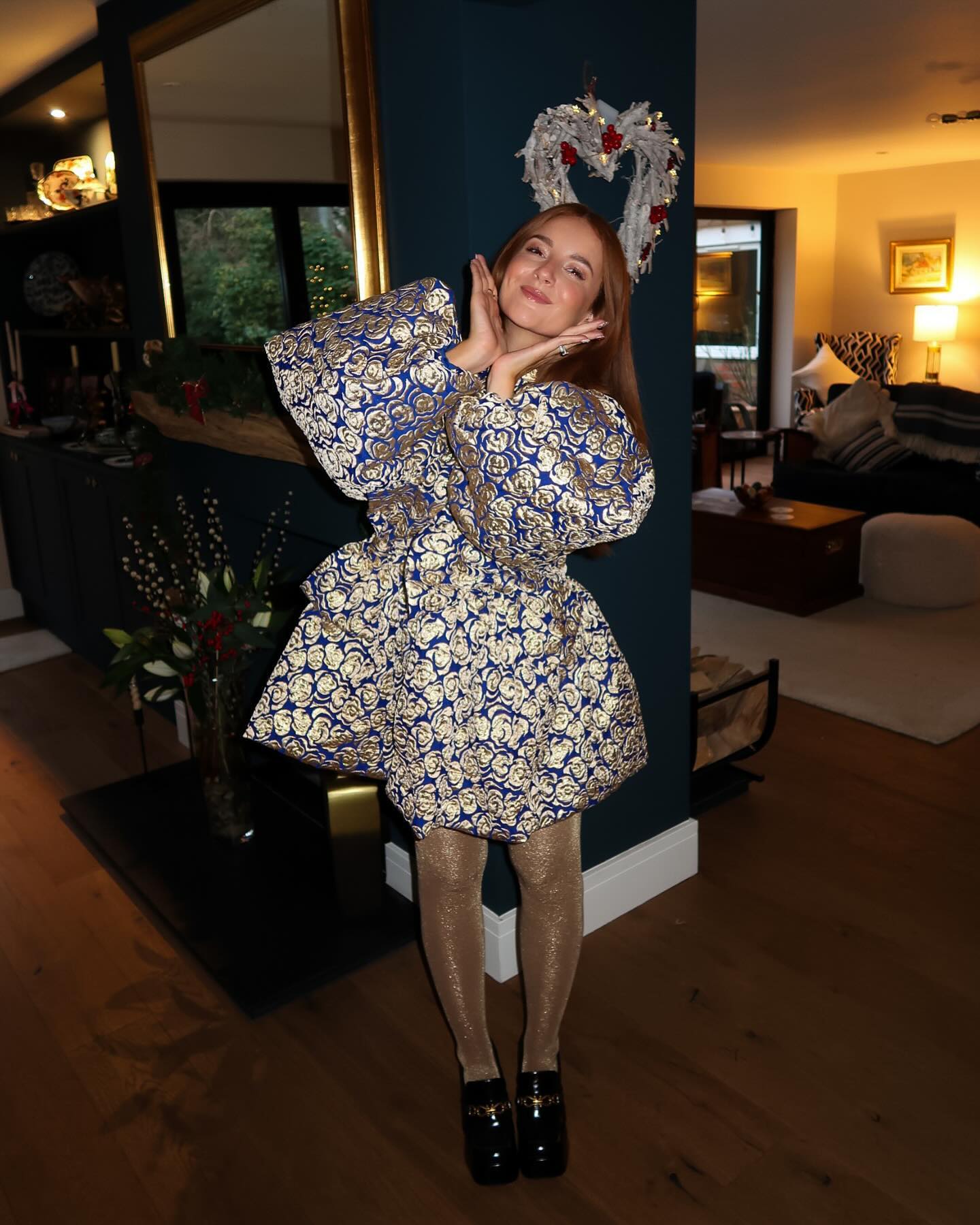 Bold Brocade Mini Dress With Sparkle Tights
