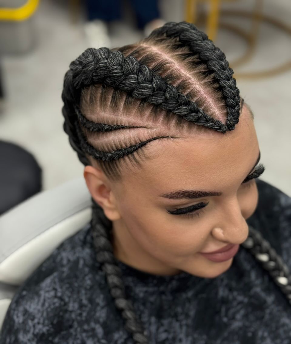 Bold Heart Shape Cornrows With Long Braids