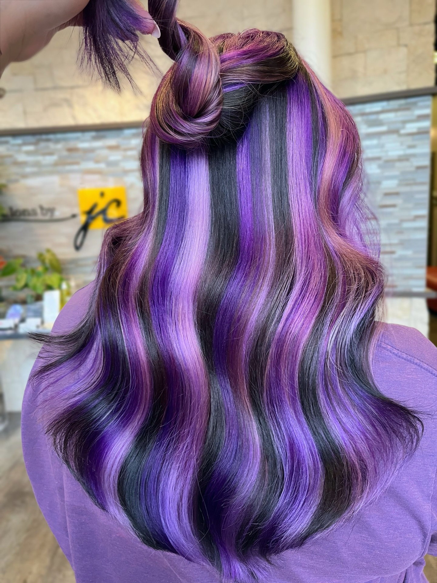 Bold Purple and Black Striped Hair