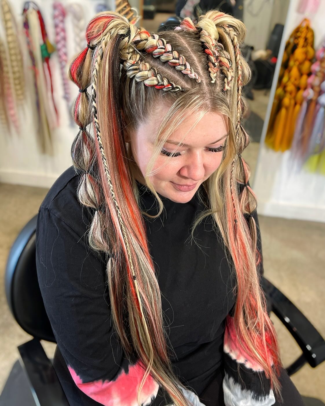 Bold Red And Blonde Braided Pigtails