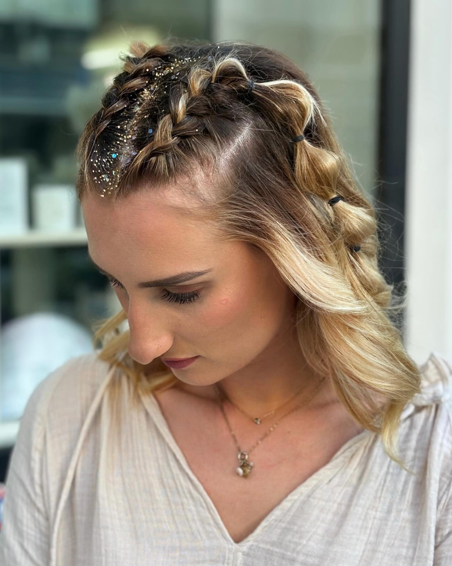 Braided Bubble Ponytail With Festival Hair Glitter