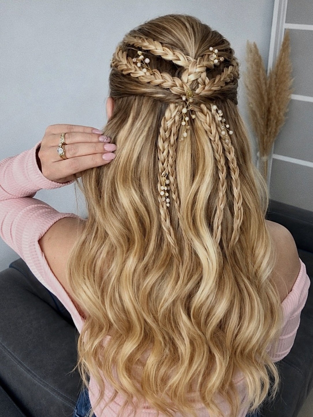 Braided Crown With Pearl Accents & Loose Waves