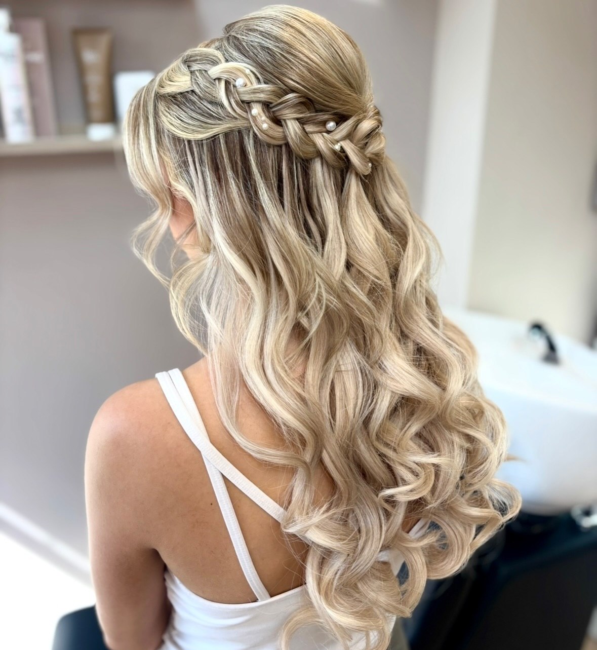 Braided Half-Up With Loose Curls And Pearls