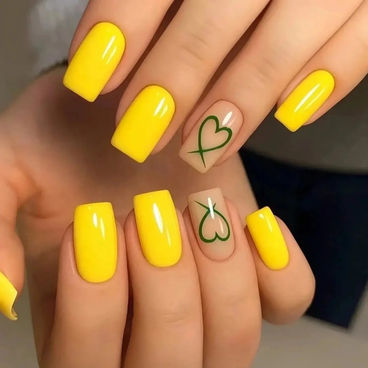 Bright Yellow Square Nails with Green Heart Art