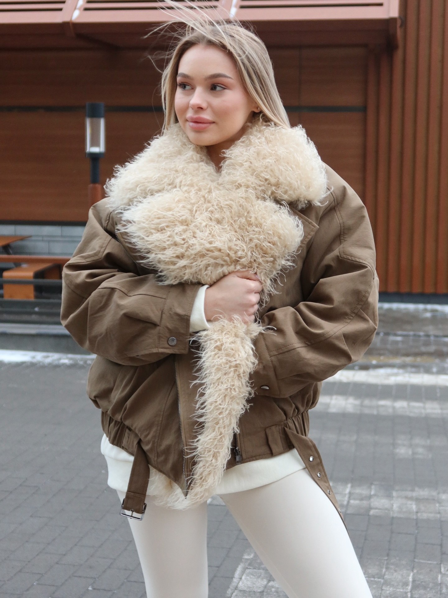 Brown Aviator Jacket With Cream Sherpa Collar