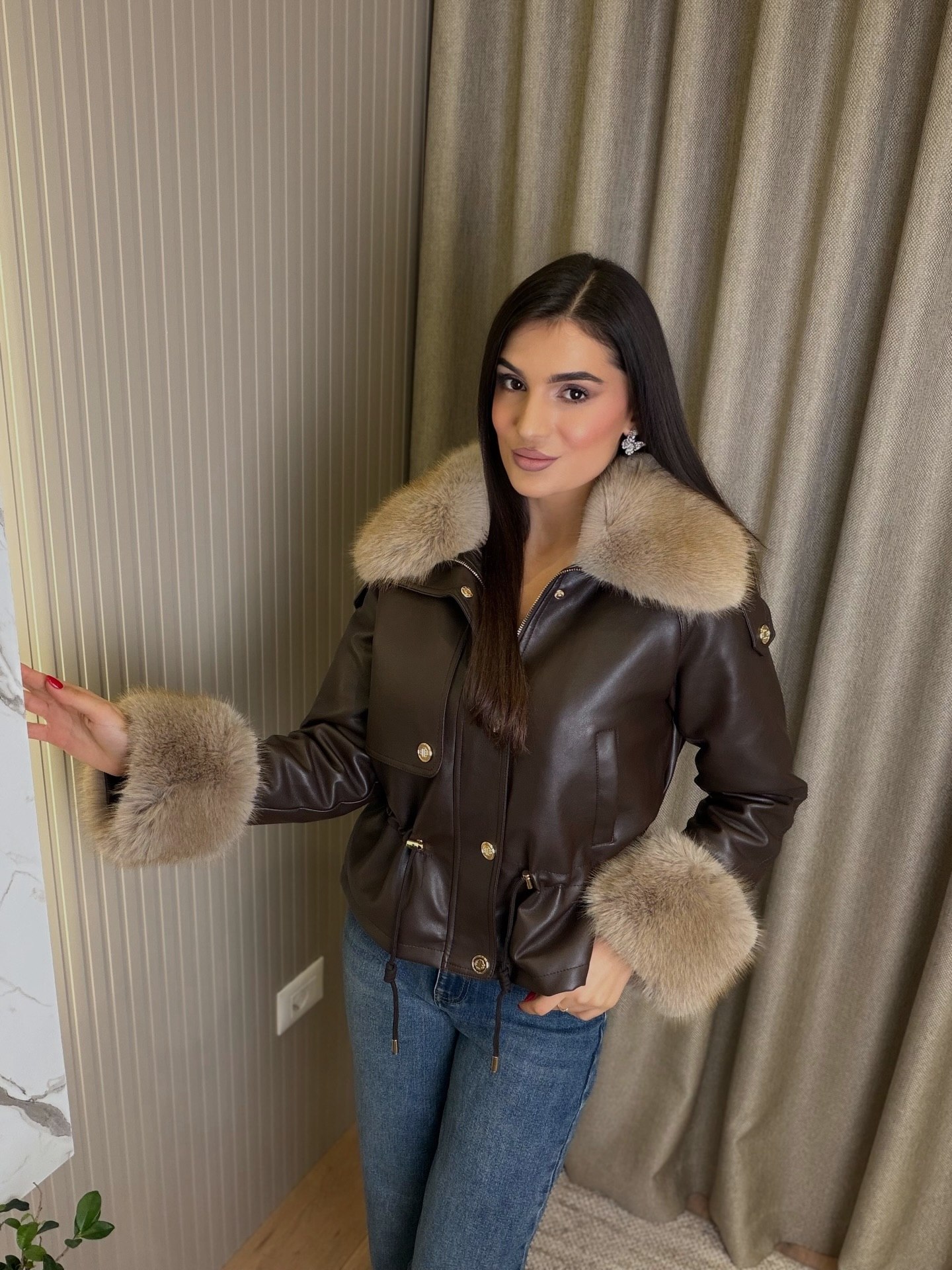 Brown Leather Fur Trimmed Jacket With Blue Denim