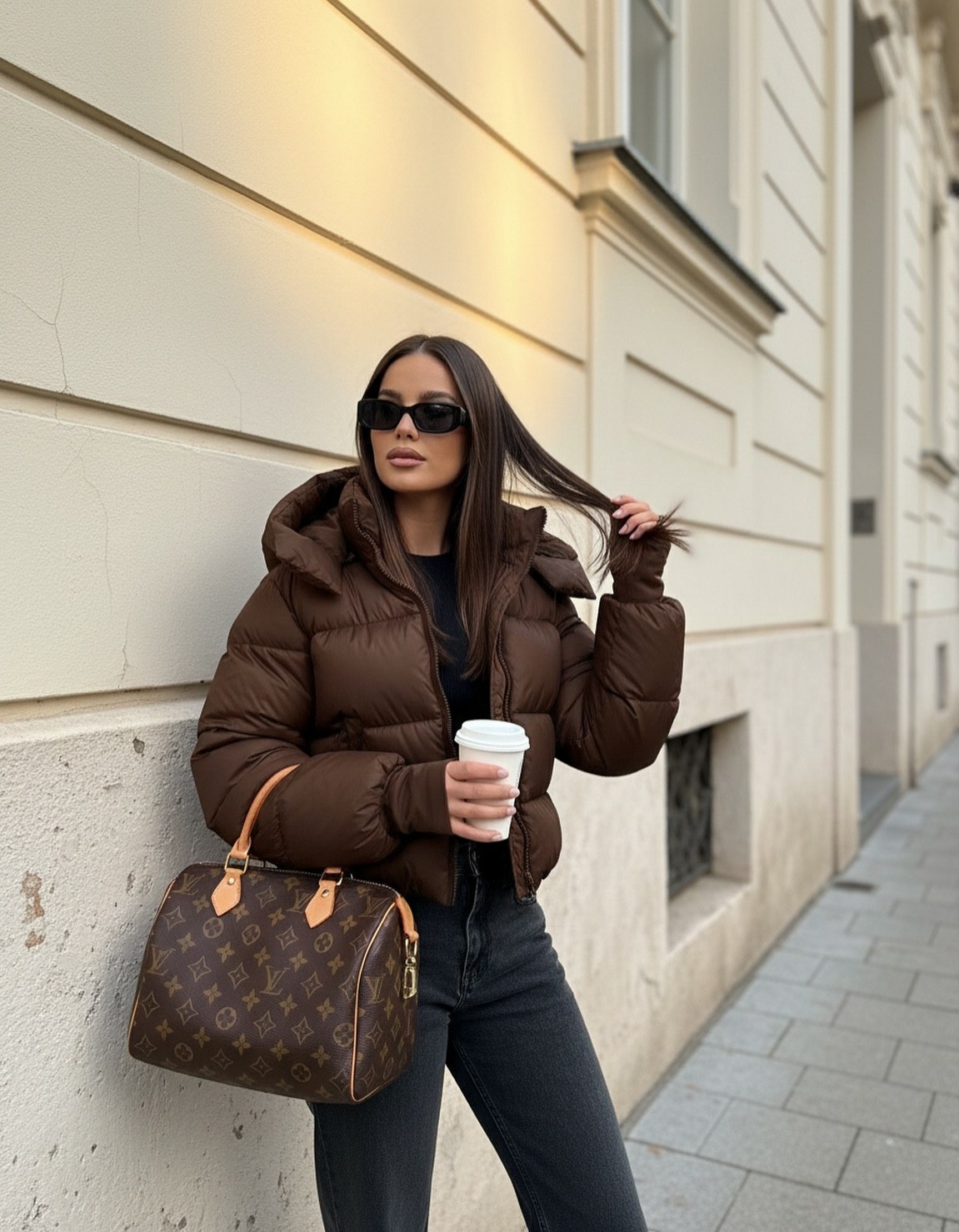 Brown Puffer With Dark Wash Denim And Designer Bag