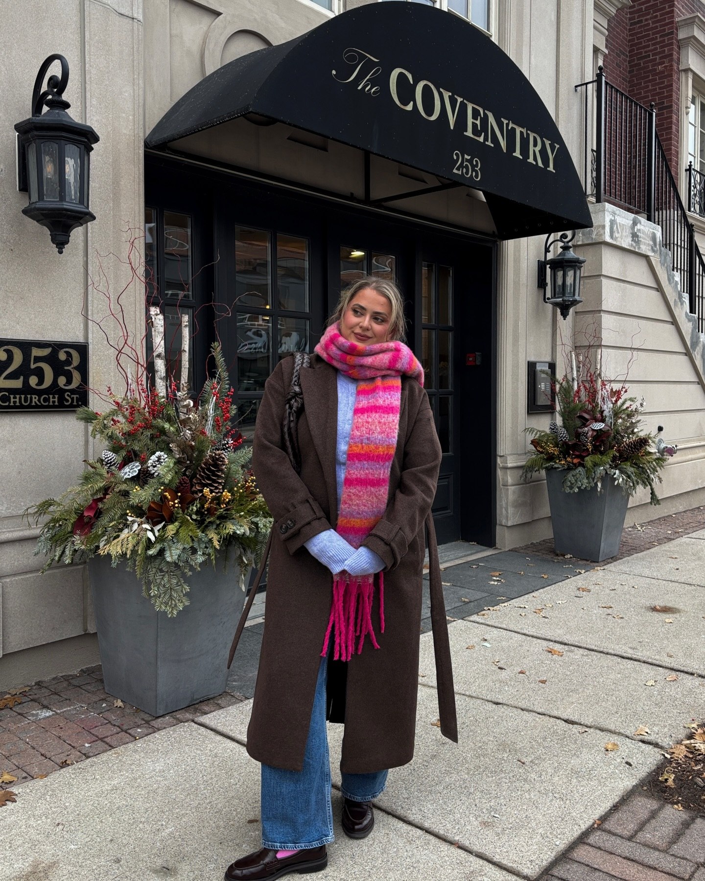 Brown Wool Coat And Striped Scarf Winter Look